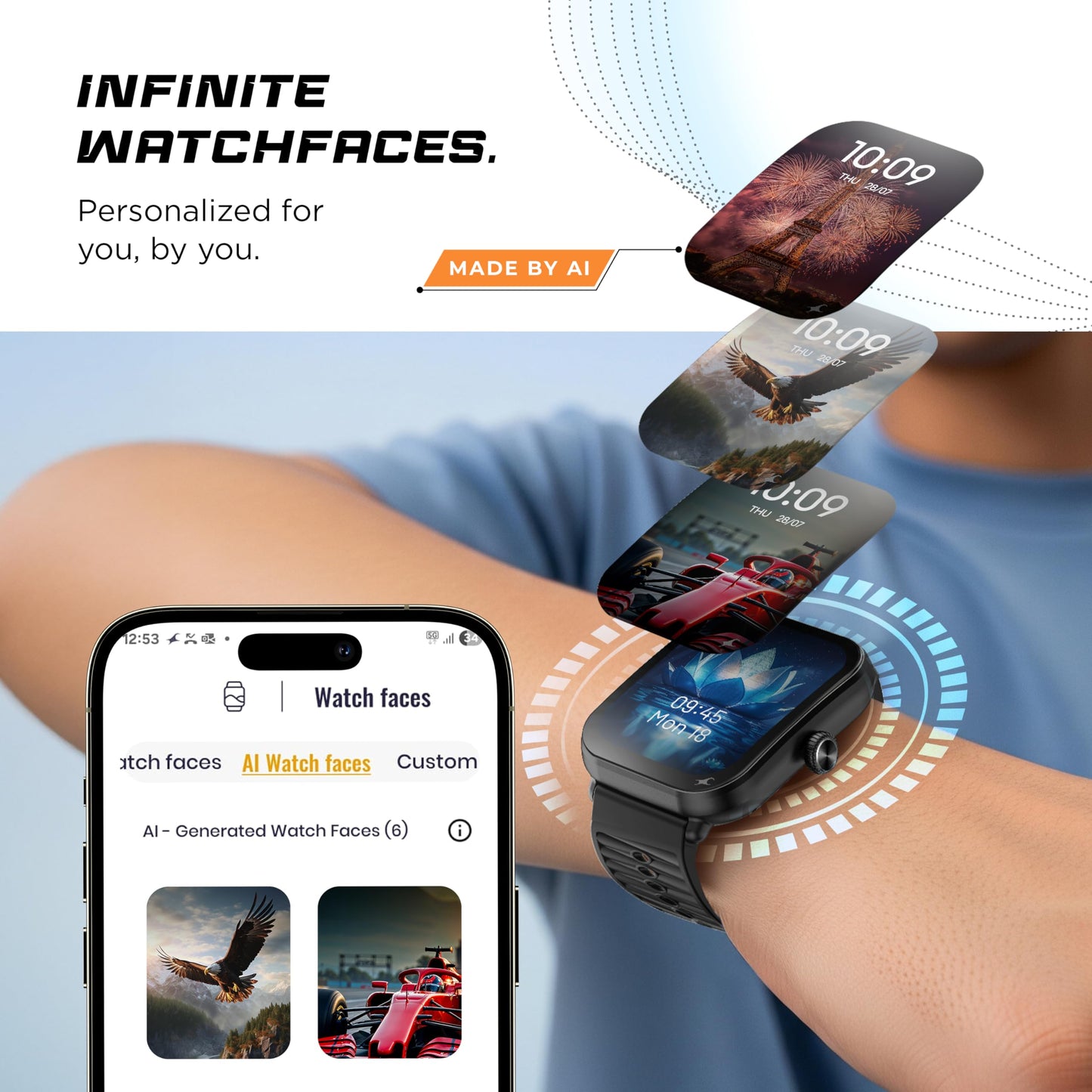 Fastrack MYND 1.93” AMOLED Display Smart Watch for Men & Women with AI Watch Faces,AI Chat,Offline Voice Commands,Curved Metallic Design,Functional Crown,BT Calling, Health Suite,100+ multisport modes