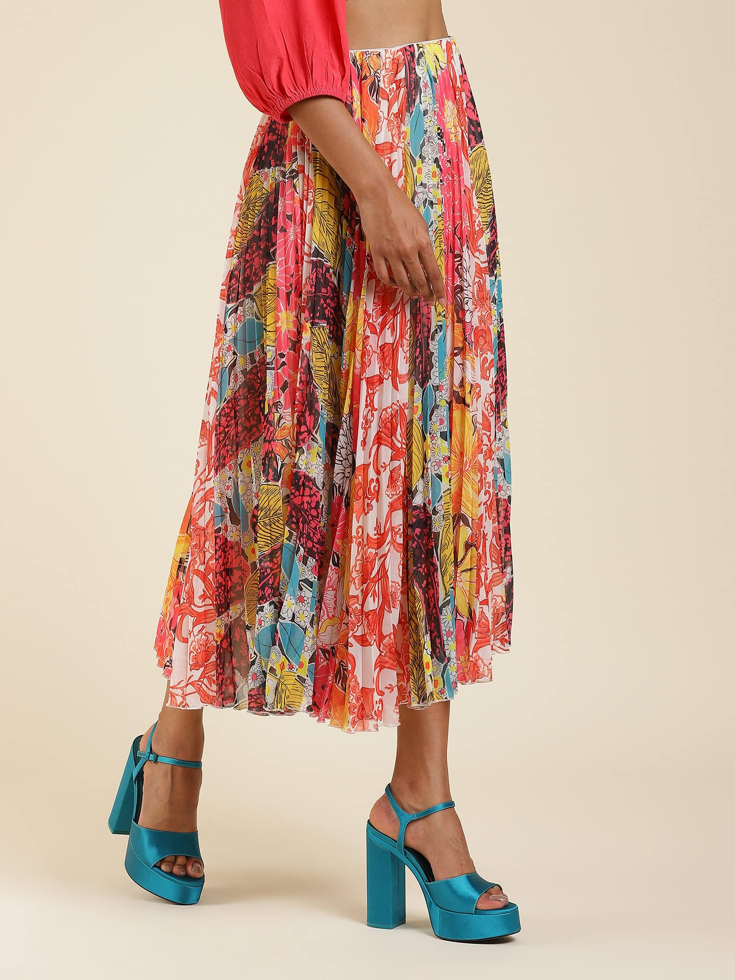 Label RITU KUMAR Multi Color Floral Print Pleated Skirt