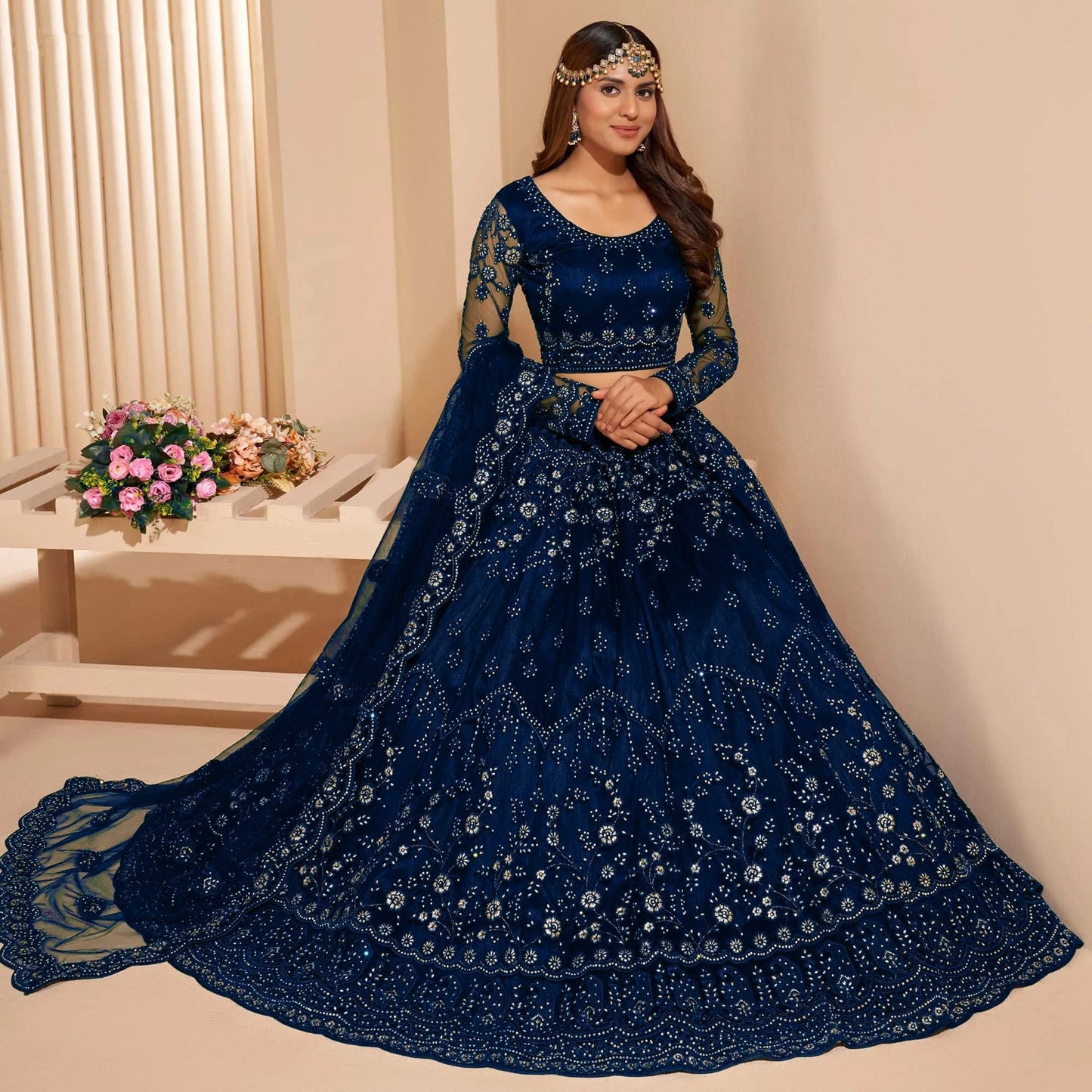 KEYURA Women's Traditional Net Embroidered SEMI-STICHED Lehenga Choli Set, with Silver Thread Work, Round Neck, 3 Piece Set (BLUE)
