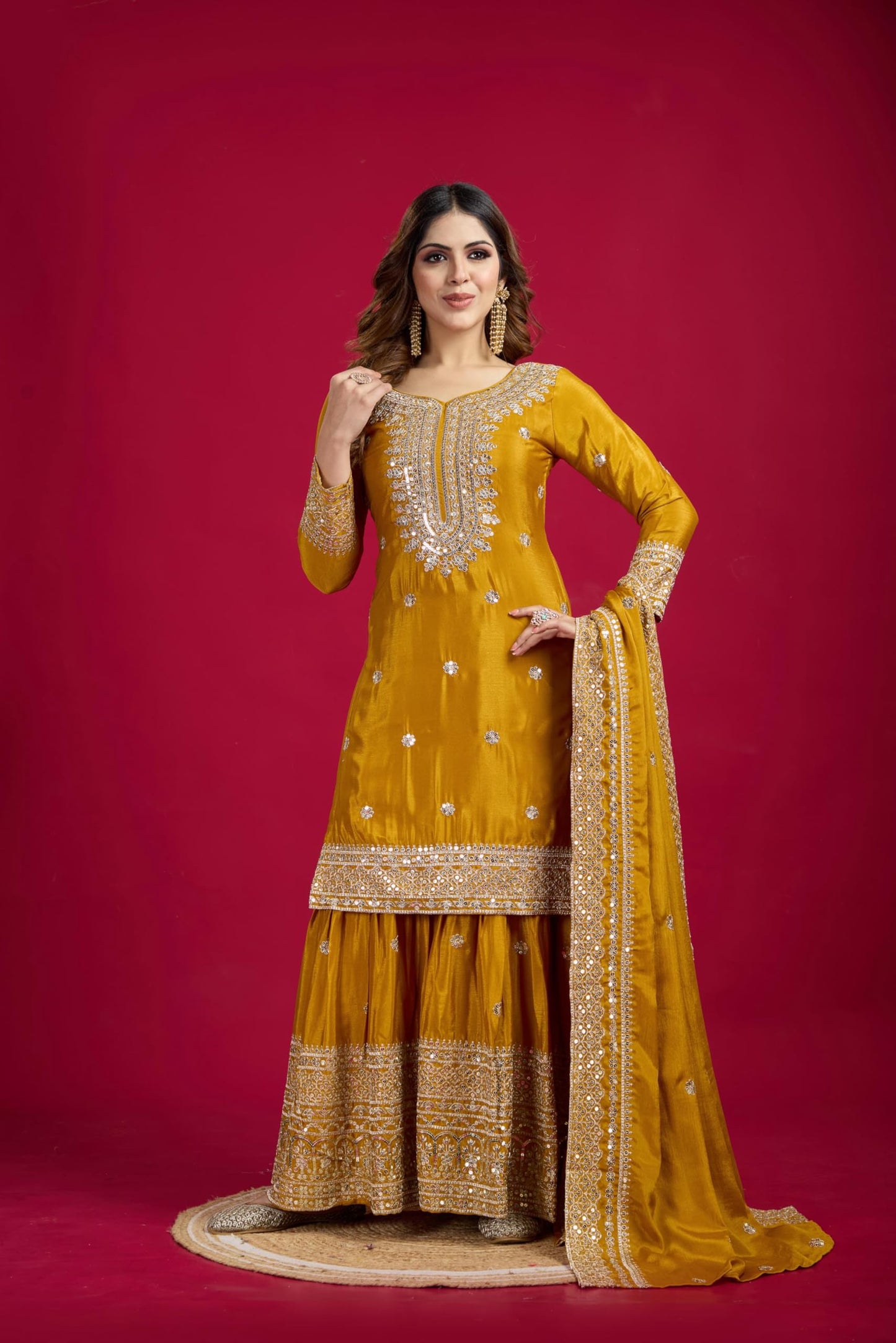 Brulry Women's Yellow Embroidered Chinnon Silk Kurta with Palazzo & With Dupatta