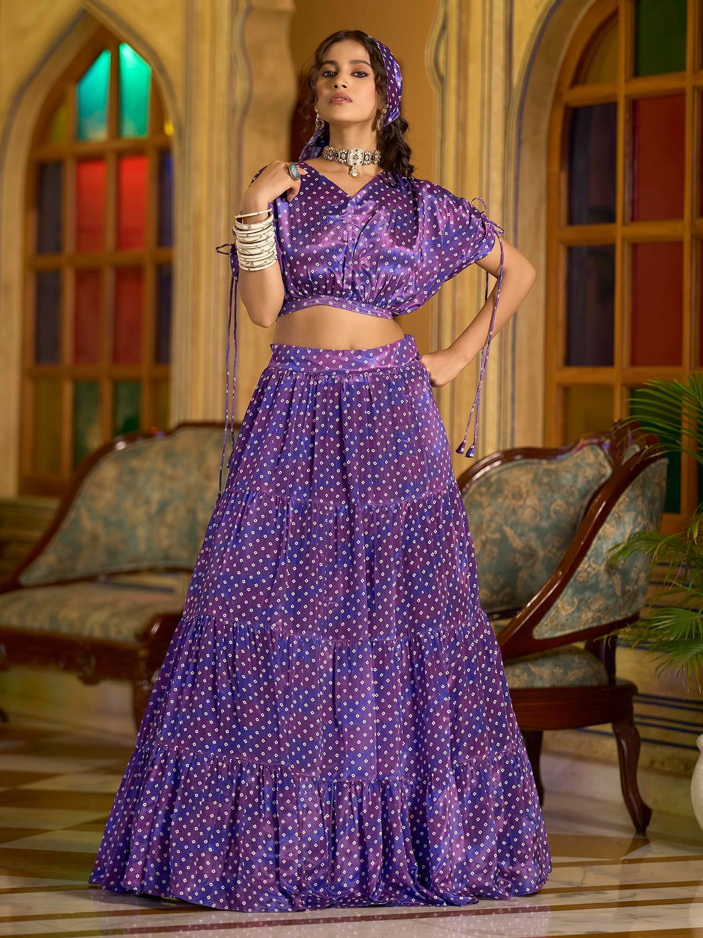 PURVAJA Women's Chinon/Art Silk Semi-Stitched Lehenga choli (Vivi-Purple_M)