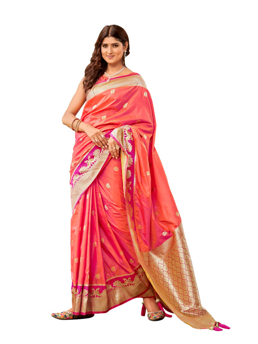 MANOHARI Women's Most Trendy Banarasi Satin Silk Woven Coral Orange Animal Design Pattern Pattern Saree With Heavy Jacquard Work Saree With Blouse Piece_MN2040