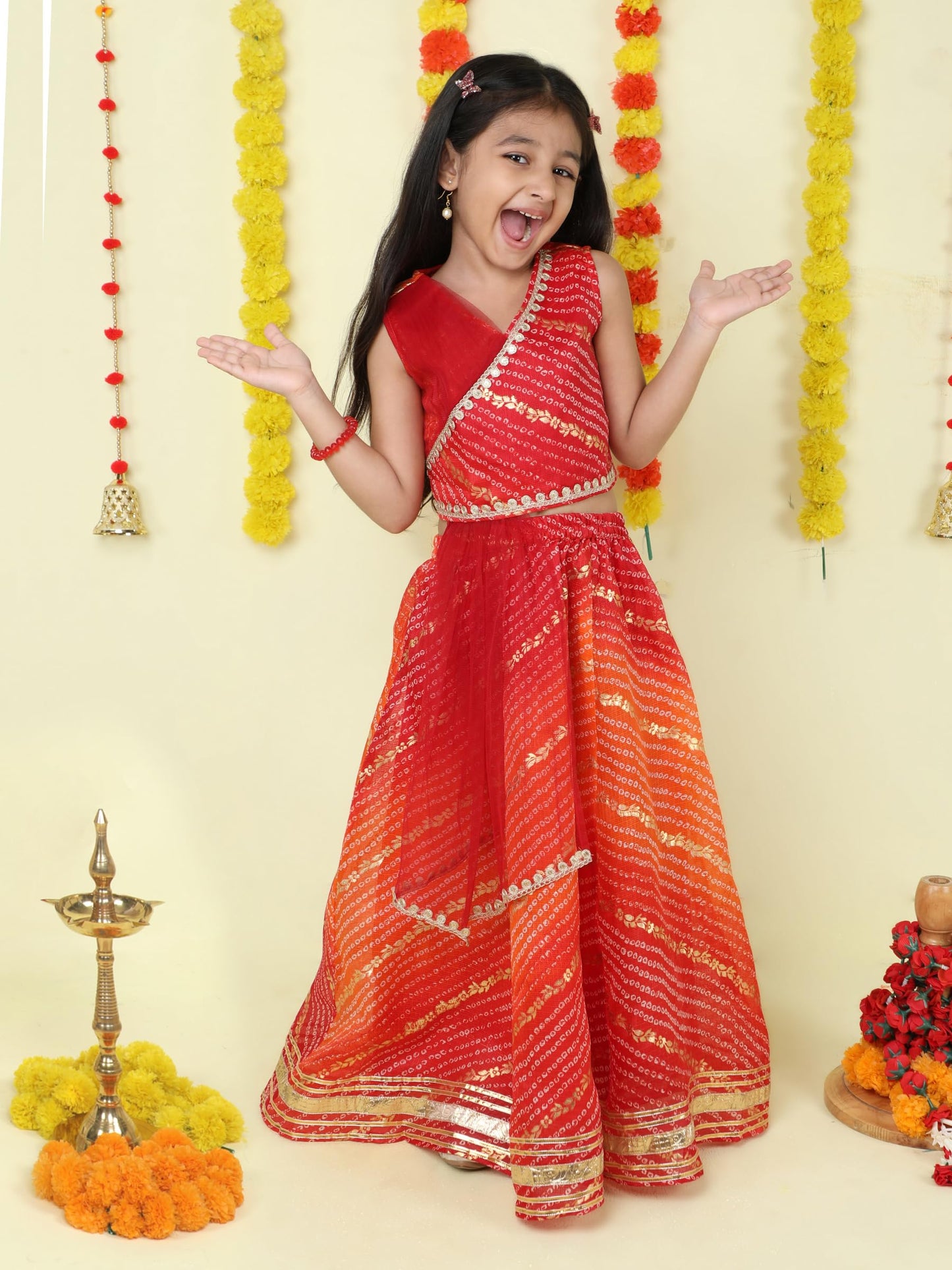 The Magic Wand Kids Lehenga Choli for Girls Emebellished Sleeveless Kota Doria Ethnic Chaniya Dress with Attached Dupatta Perfect for Party & Occasions, Maroon, 3-4 Year