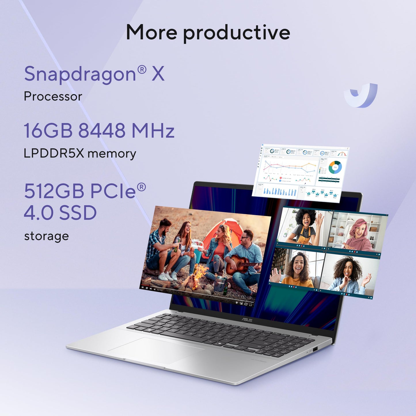 ASUS Vivobook 16, Snapdragon X Processor,(Qualcomm Adreno iGPU/16GB RAM/512GB SSD/Windows 11 Home/MS Office 365 Basic (1Year)*/16" FHD+/AI PC/Cool Silver/1.88 kg), X1607QA-MB050WS
