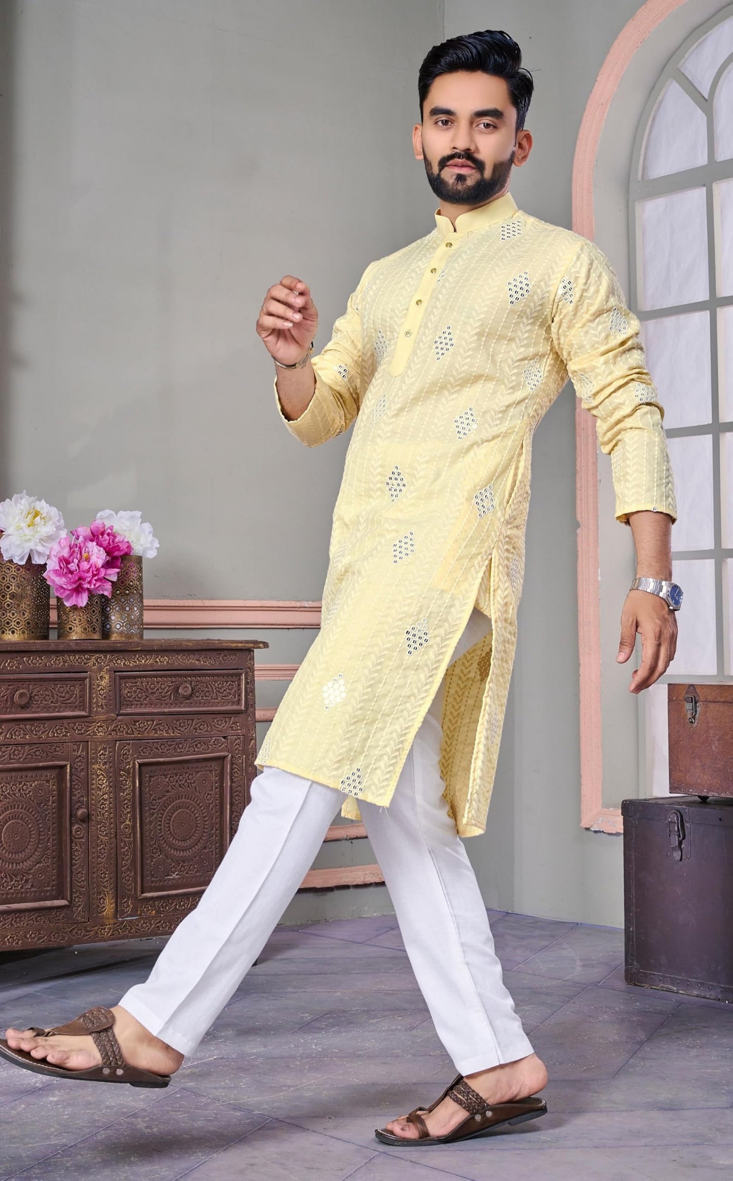 LAZZLY Men's Traditional Cotton Embroidery Mirror for Men Only Kurta (in, Alpha, M, Regular, MCC_Yellow)