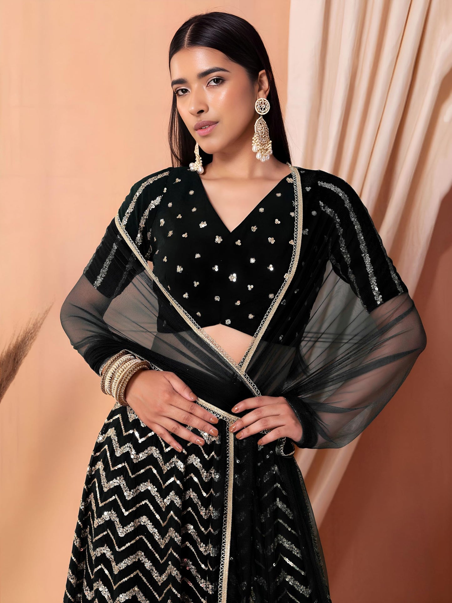 Zeel Clothing Women's Sequins Zari Embroidered Georgette Designer Lehenga Choli with Dupatta (7094-Womens-Lehenga-Choli-Latest; Free Size) (Black)