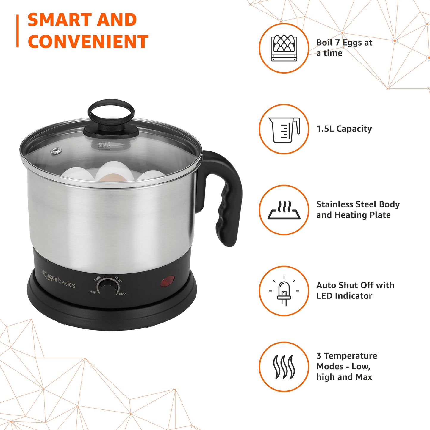 amazon basics Electric Multipurpose Kettle | for boiling Water, Eggs | Making Tea, Coffee| Stainless Steel Body with Automatic Shut-off | 18.3L x 15.7W x 19.1H cm | 1.2 L | 220 Volts | Silver, Black