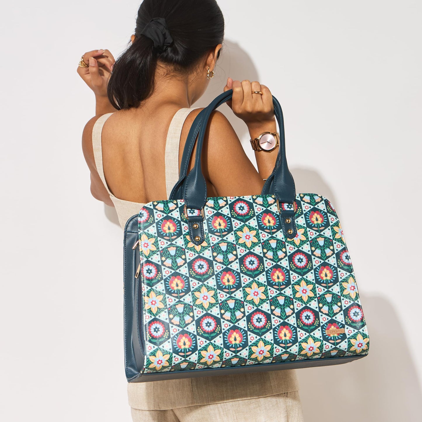 Chumbak Naples Tote Bag for Women, Navy Floral PU Leather, Digital Nomad Collection, Spacious and Stylish Travel Tote, Zipper Closure, Great for Office and Daily Use