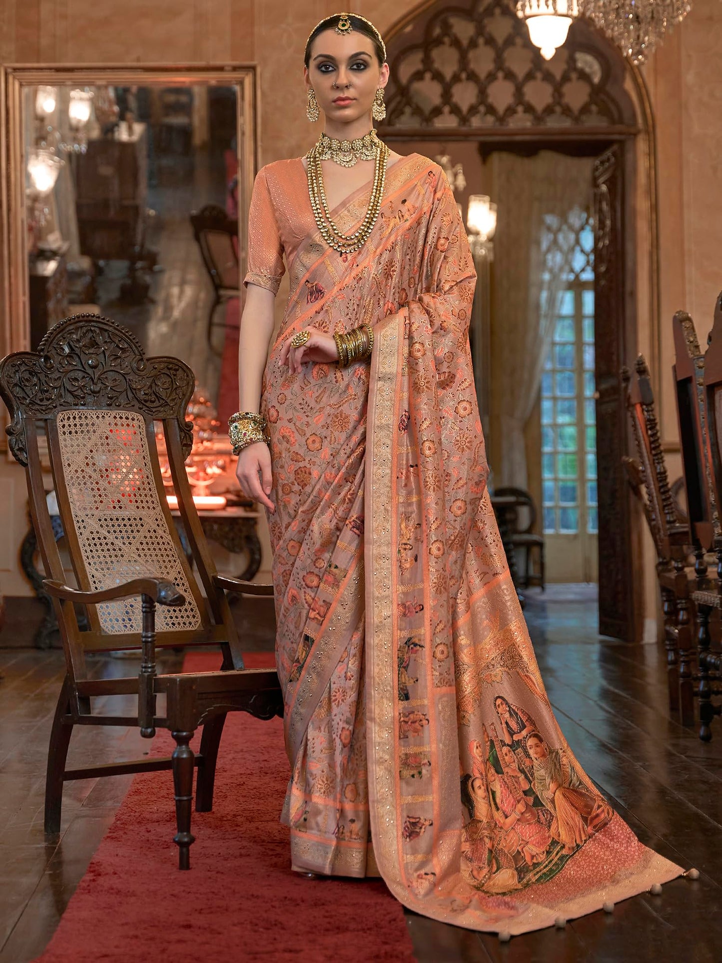 SAREE MALL Women's Botanical Printed Tassels and Latkans Banarasi Silk Saree With Unstiched Blouse Piece (Peach_PDMAVT695_RW)