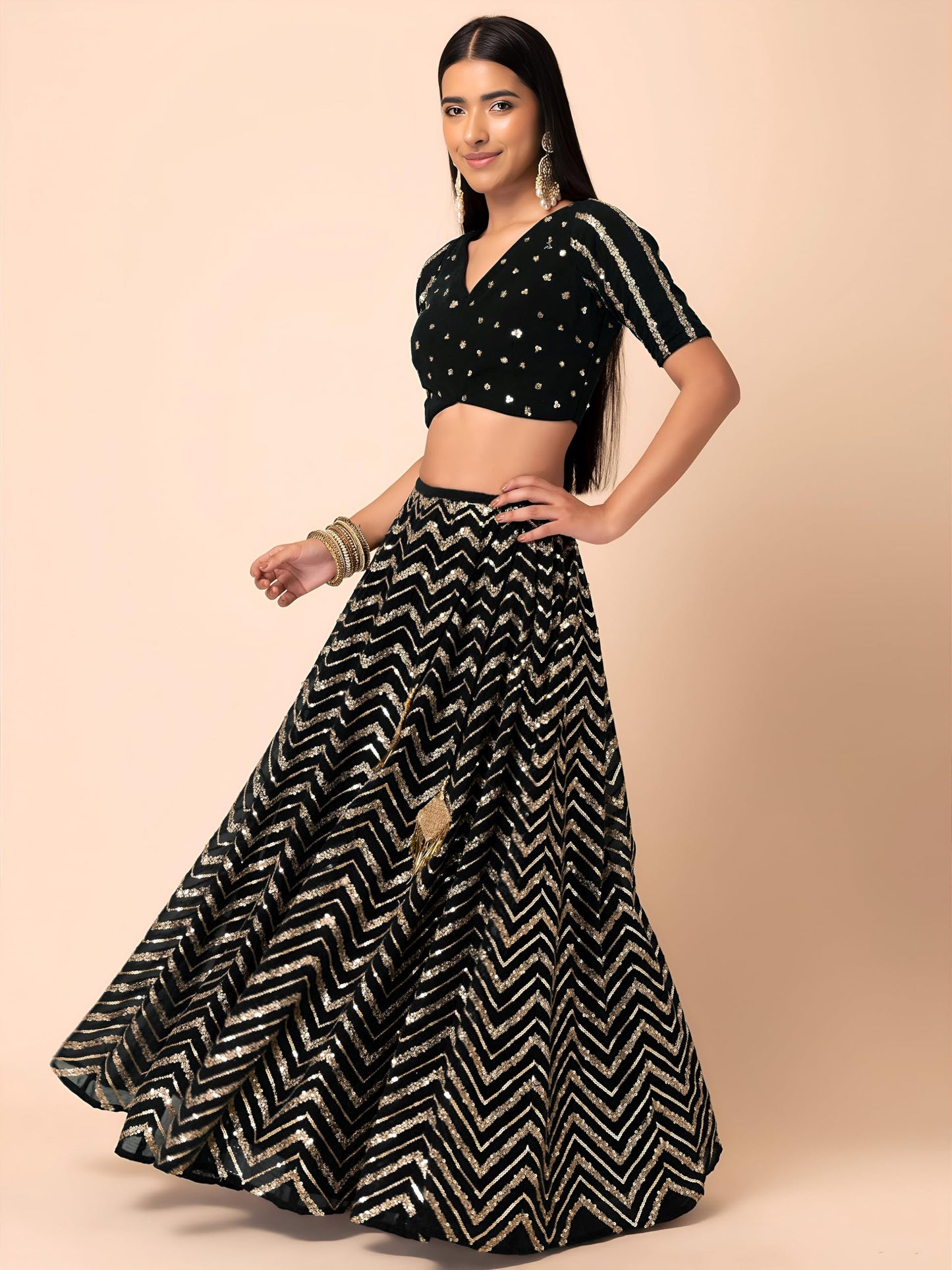 Zeel Clothing Women's Sequins Zari Embroidered Georgette Designer Lehenga Choli with Dupatta (7094-Womens-Lehenga-Choli-Latest; Free Size) (Black)