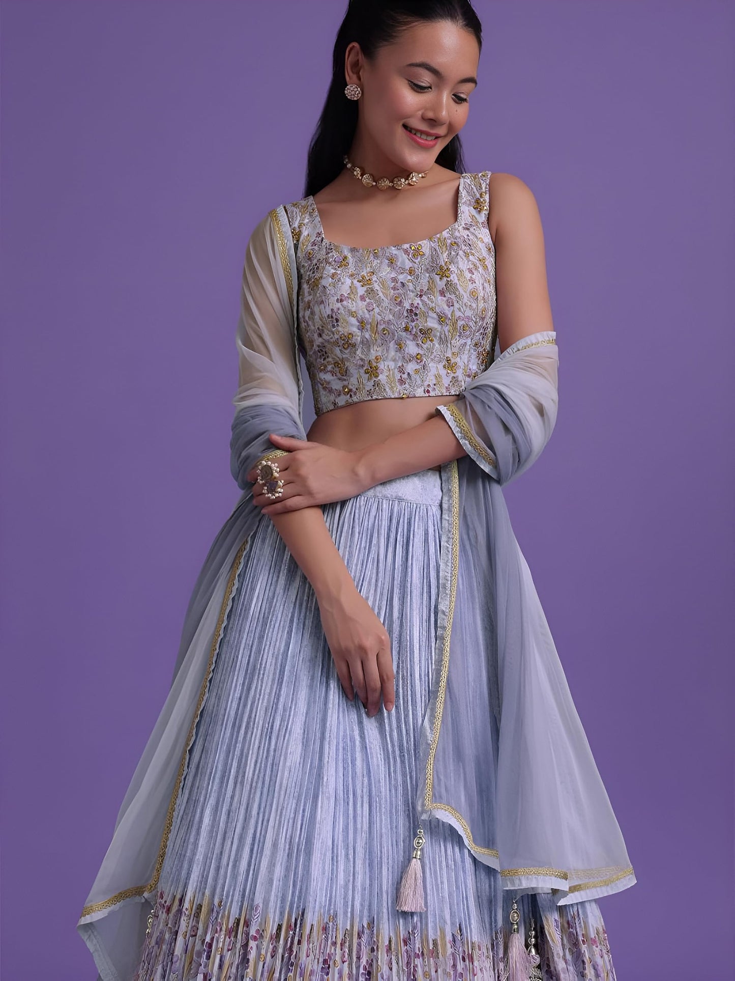 Zeel Clothing Women's Georgette Semi-Stitched Digital Print Mirror Hand Work Lehenga Choli with Dupatta (5100-Blue-Wedding-Stylish-Lehenga-Choli; Free Size)