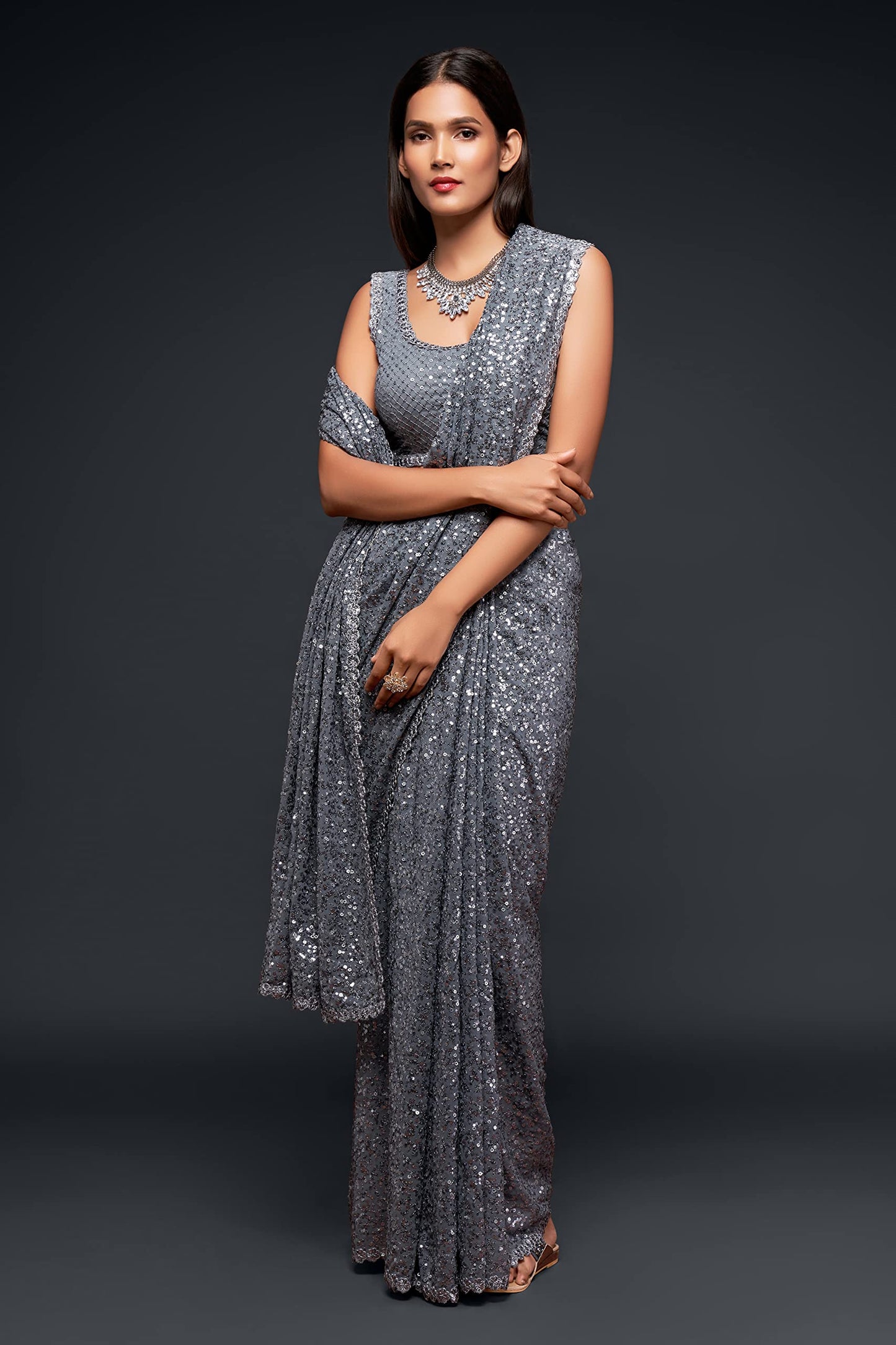 Zeel Clothing Women's Grey Sequins Work Heavy Georgette Saree with Blouse (1007-Slate-Grey-Sequins-Party-Saree, Slate Grey)