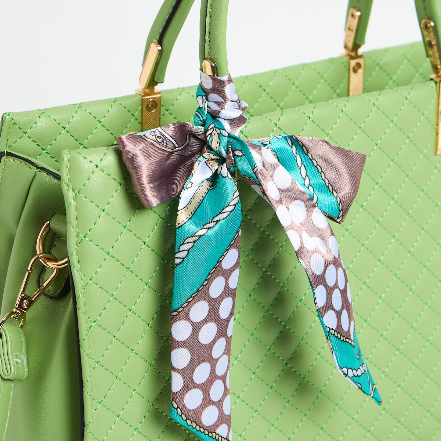 Chumbak Sage Quilted Handbag with Scarf, Sage Green, Multipurpose Hand Bag with Pouch for Shopping, Hand Held Bag for Women and Girls, Solid Colour Handbag