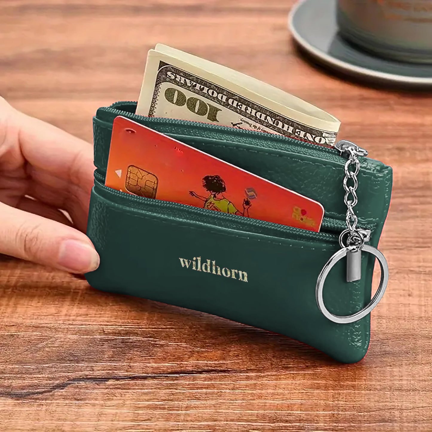 WildHorn Genuine Leather Wallet for Women, Coin Pouch | Key Ring Credit Card Holder | Small Zipper Wallet for Ladies | Mini Purse for Coins, Cards & Cash (Green)