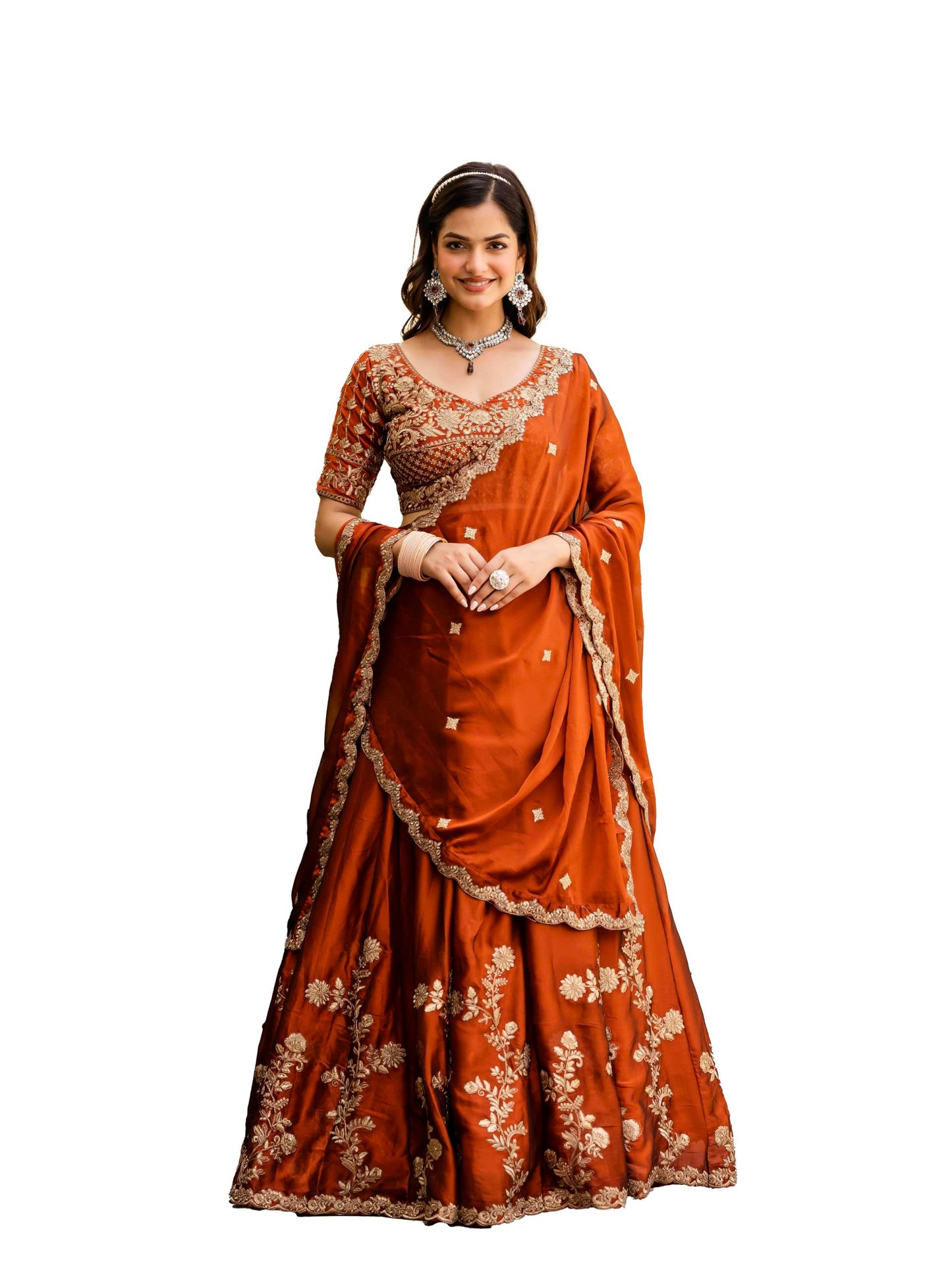 JIHU CULTURE Orange Silk Zari Sequence Embroidery Work Semi Sttiched Lehenga Choli For Women's.