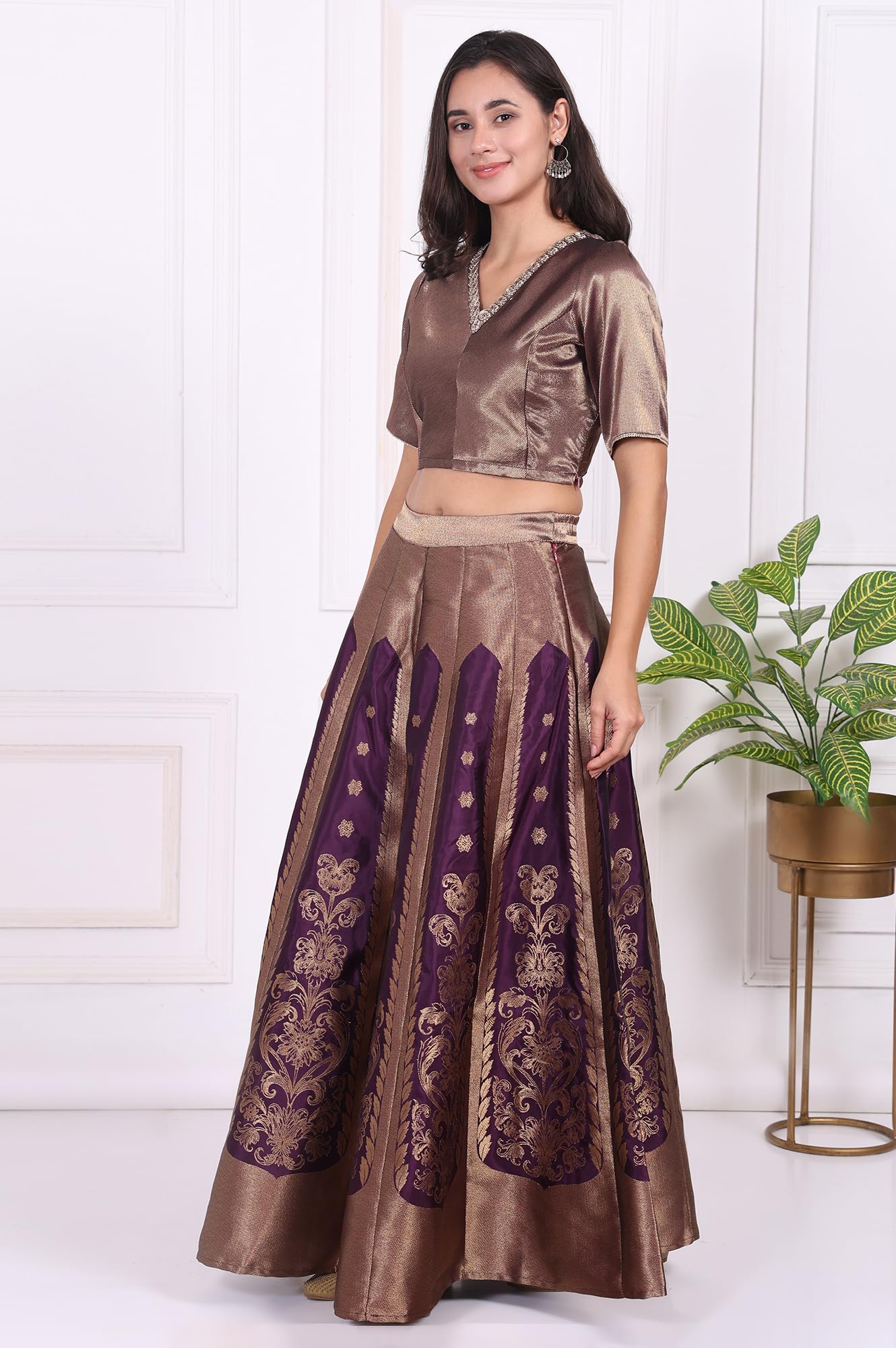 W for Woman Purple Embellished Jacquard Straight Crop Top, Skirt and Dupatta Set - (WS13240-314468-S)