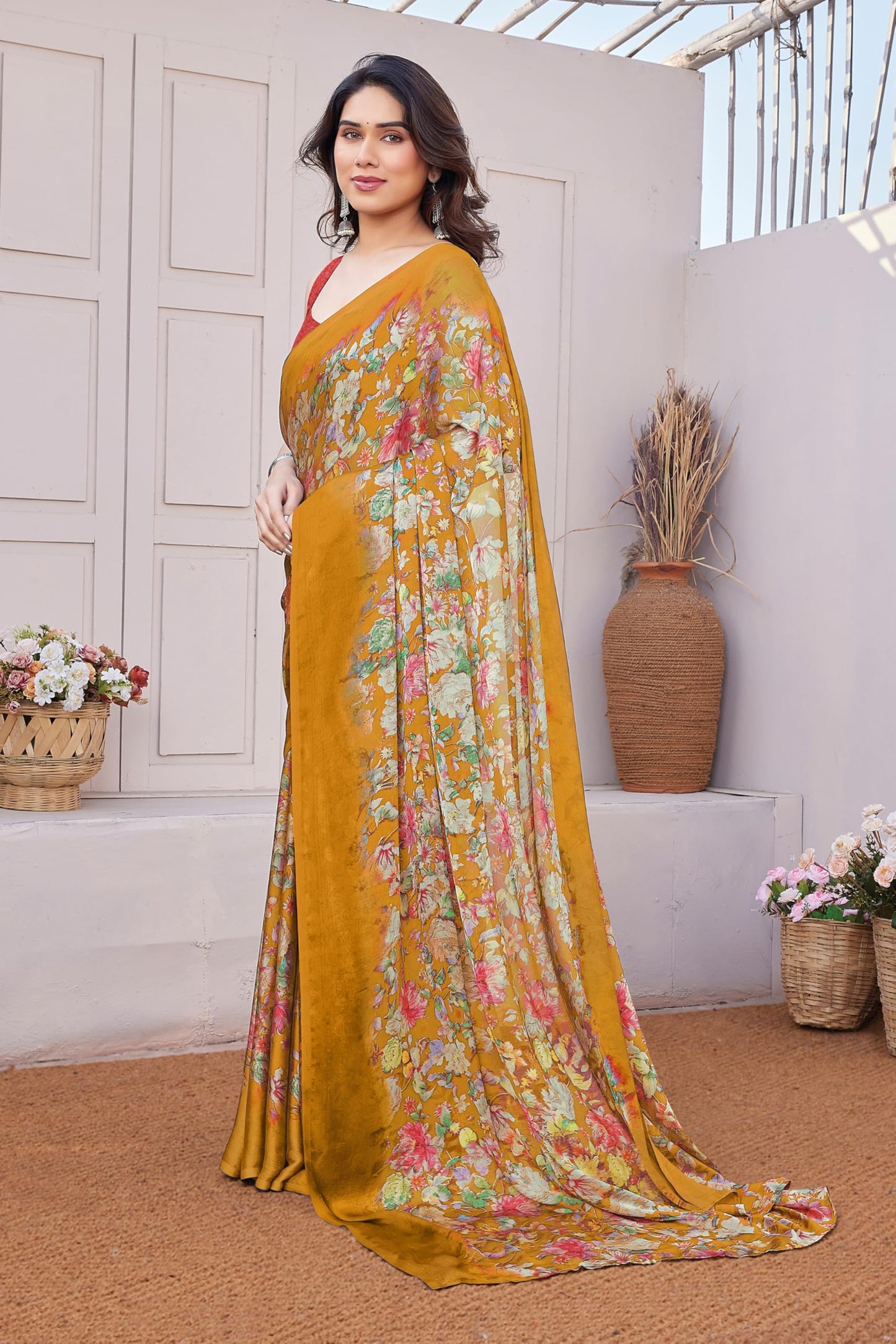 MIRCHI FASHION Women's Chiffon Floral Printed Saree with Blouse Piece (60424 - Rust Orange, Multicolor)