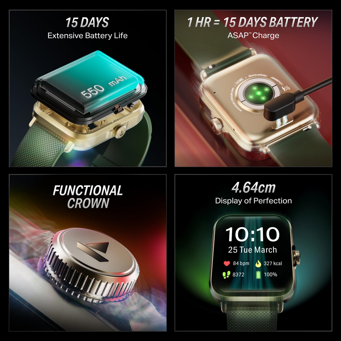 boAt New Launch Storm Infinity w/ 15 Days Extensive Battery Fueled by Huge 550mAh Battery, Fast Charge, 1.83”(4.65cm) HD Display, Functional Crown, BT Calling, Smart Watch for Men & Women (Jade Gold)