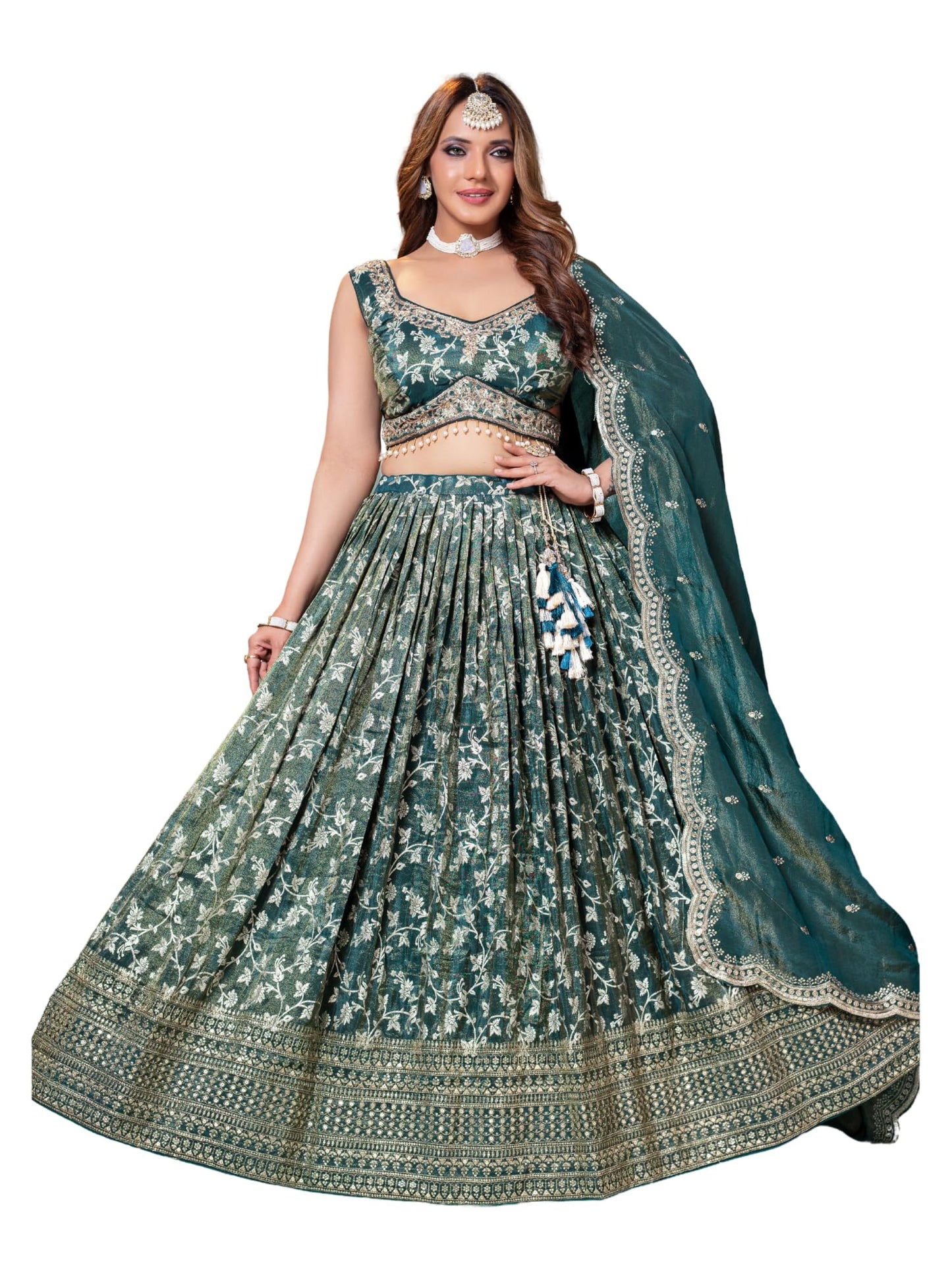ADHIA Women's Embroidered Lehenga Choli with Dupatta | Silk Blend Wedding Lehenga Set | Traditional Indian Dress (Lehenga, Dupatta, Blouse, Teal Blue, Size - L)