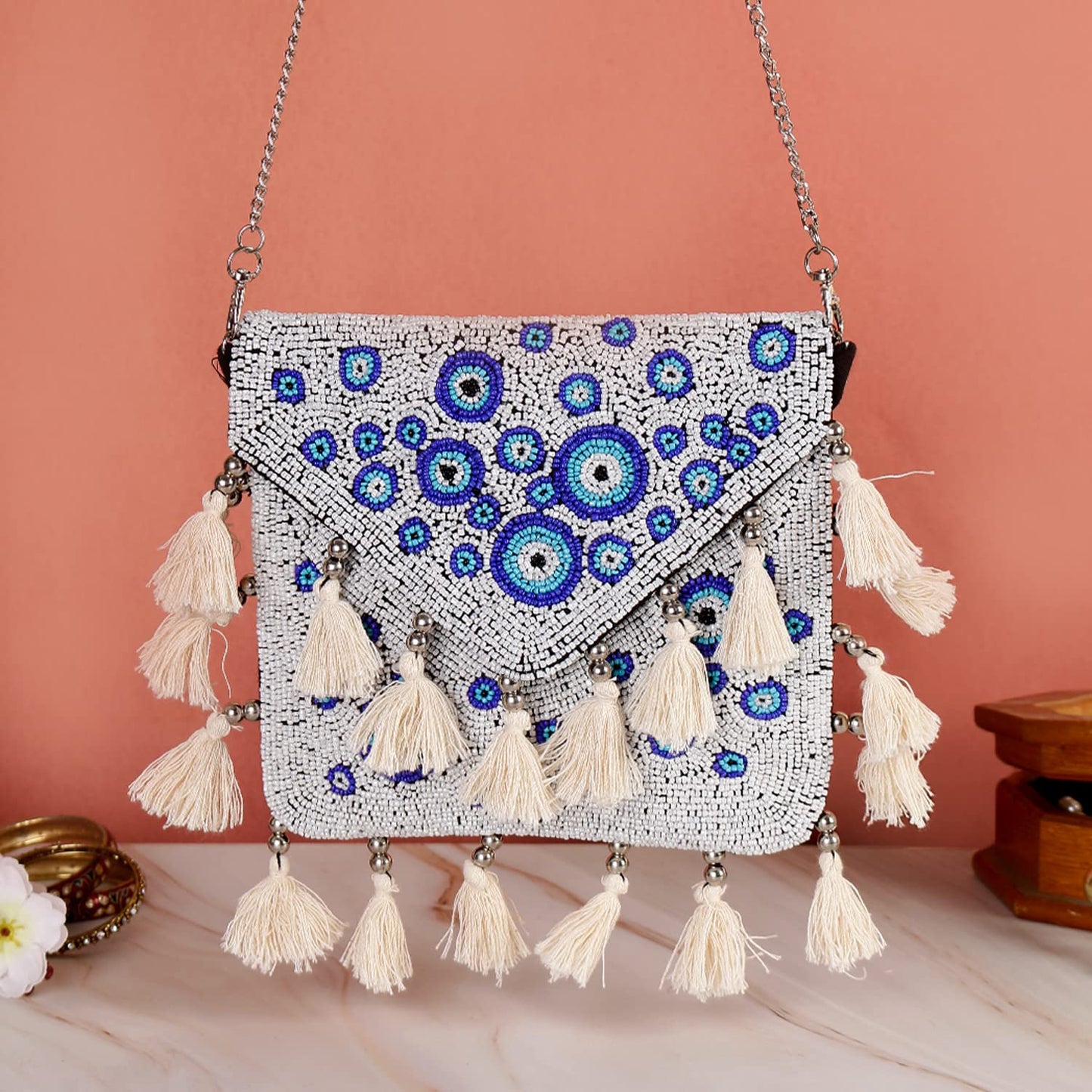 SWISNI Blue White And Blue Designer Small Boho Bag II Women's Traditional Designer Clutch For Women & Girls II BANJARA BOHO BAG