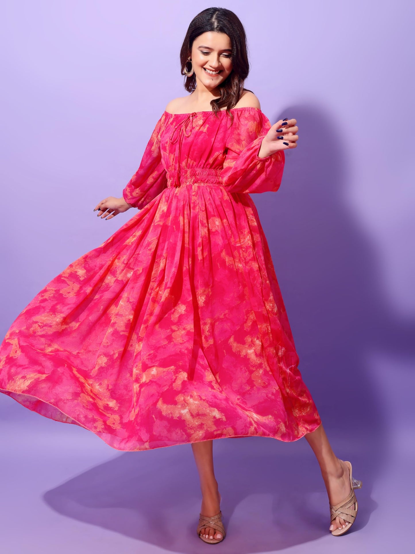 Attire Empire Women Printed Fit and Flare Dress Pink