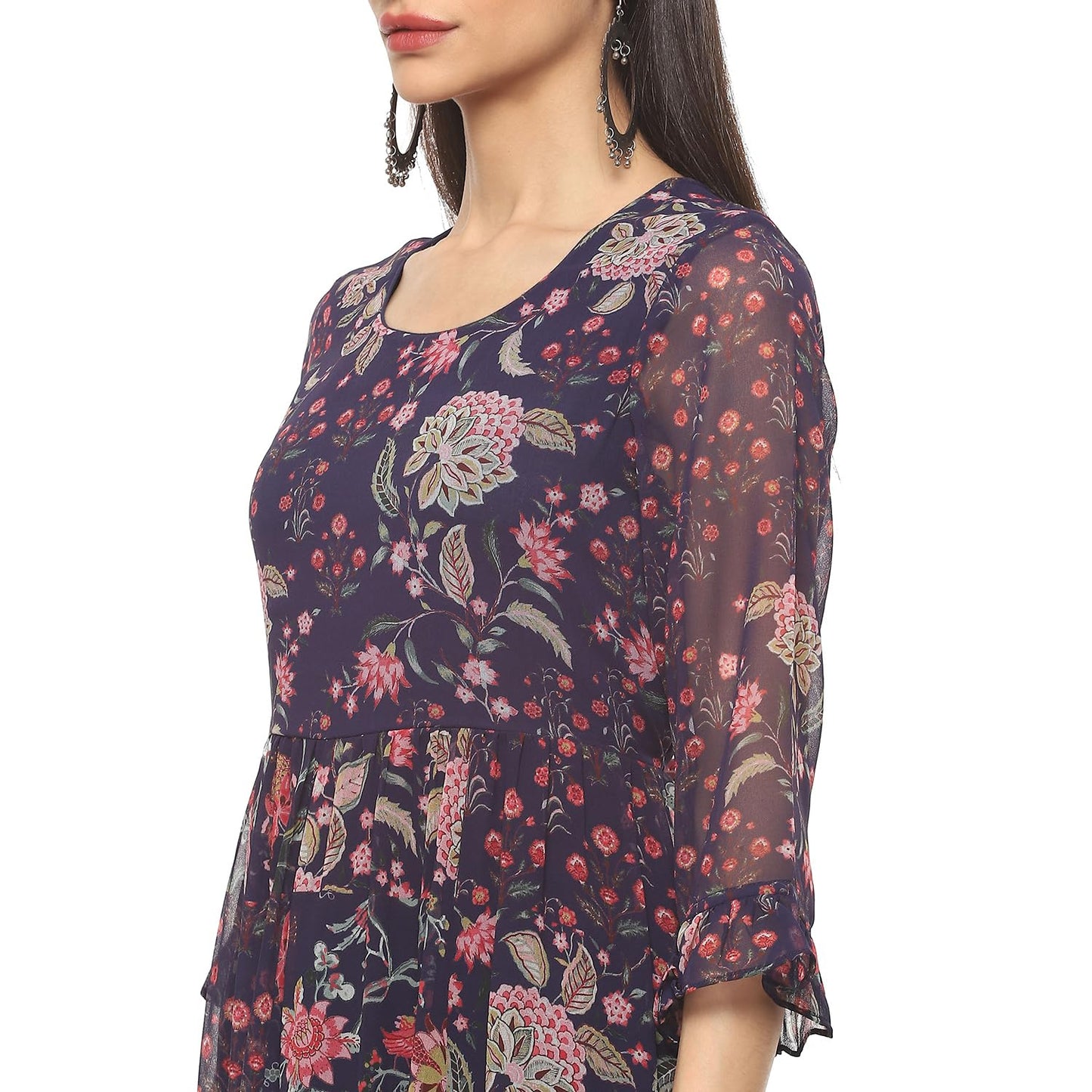 Biba Women Polyester PRINTED ANARKALI SALWAR KURTA DUPATTA(SKD8953_INDIGO_34)