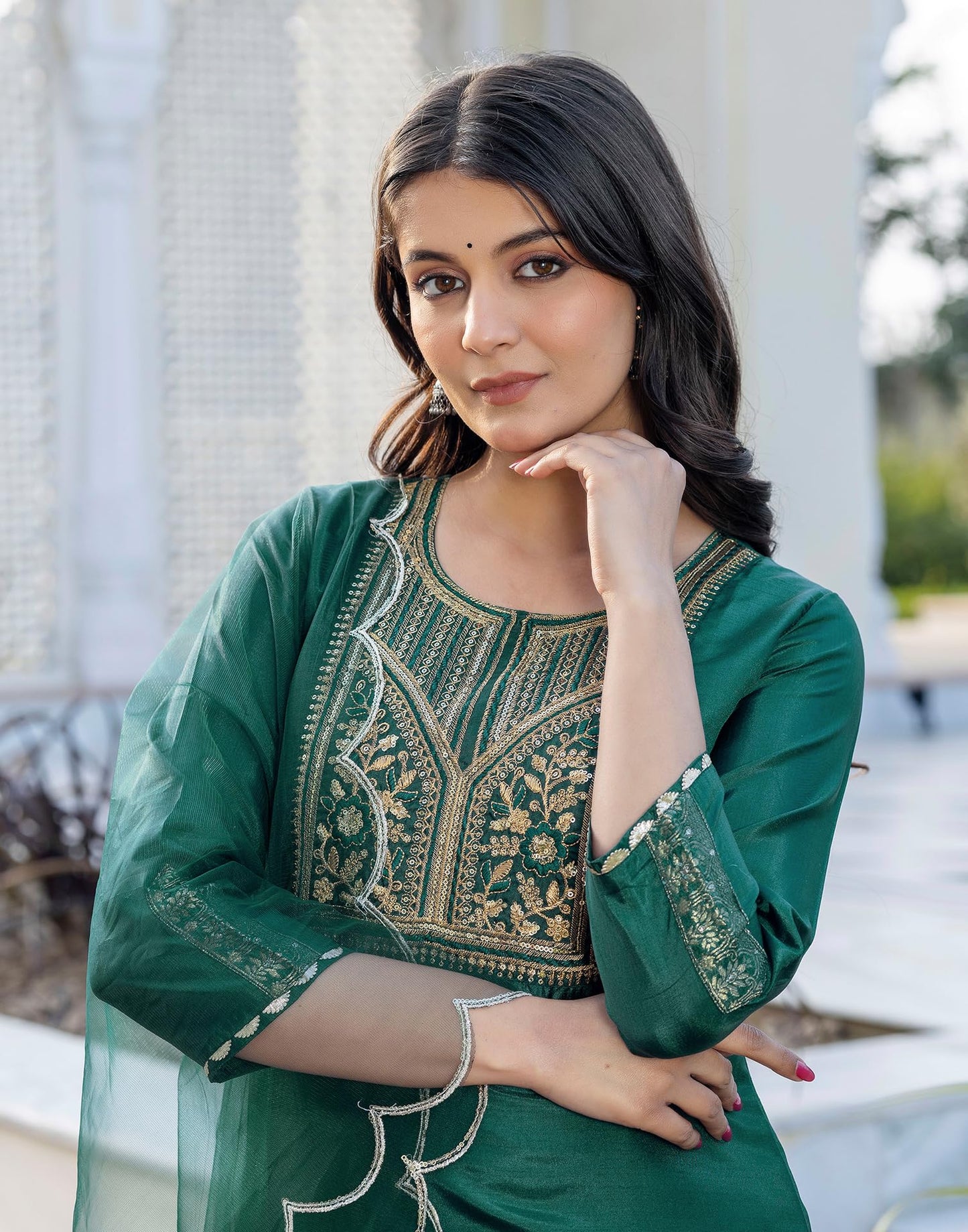 SIRIL Women's Rayon Kurta Set | Sequence Embroidery Straight Kurta with Pant & Dupatta| Kurta Sets for Woman (245KBD2584-S_Dark Green)