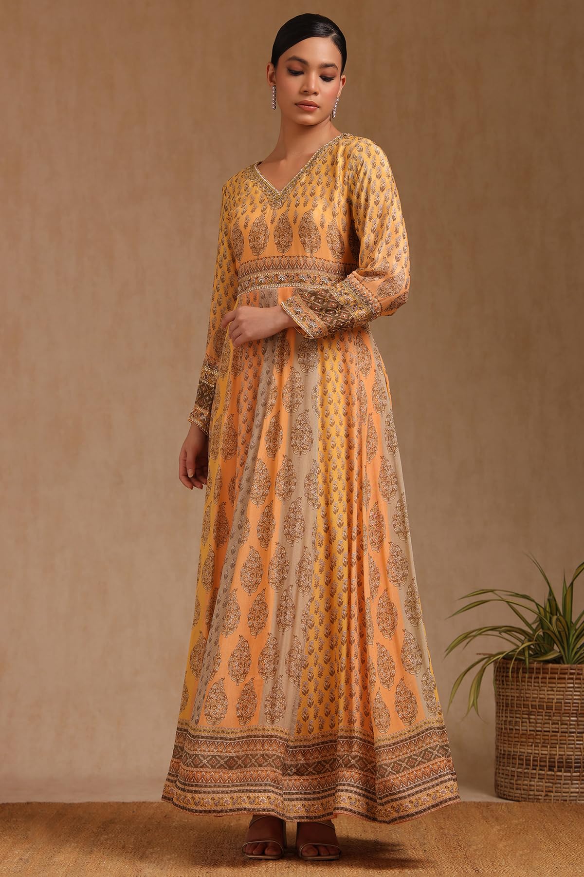 Soch Womens Mustard Viscose Botanical Print Gown with Sequins