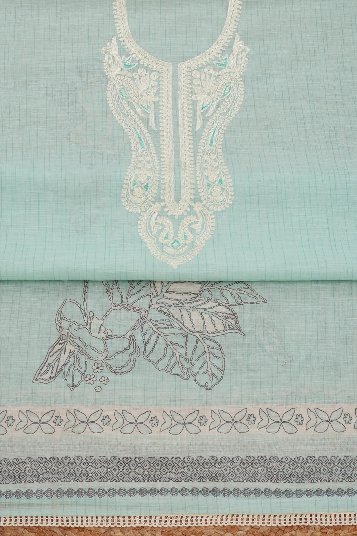 Soch Womens Turquoise Blue Linen Foil Print Unstitch Dress Material With Thread Work