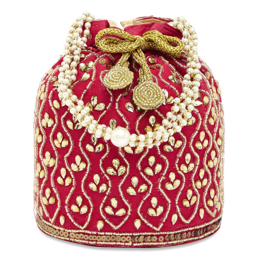 Peora Embroidered Potli Bag for Women Handmade Ethnic Purse Evening Handbags Stylish Bridal Fashion Clutch Bag Gift for Girls (Red, P88R)