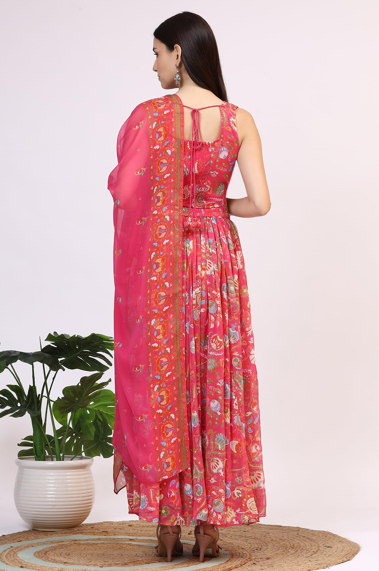 W for Woman Pink Floral Printed Embellished Chiffon Sleeveless Crop Top, Skirt and Dupatta Set (Size: L)-WS12117-124246