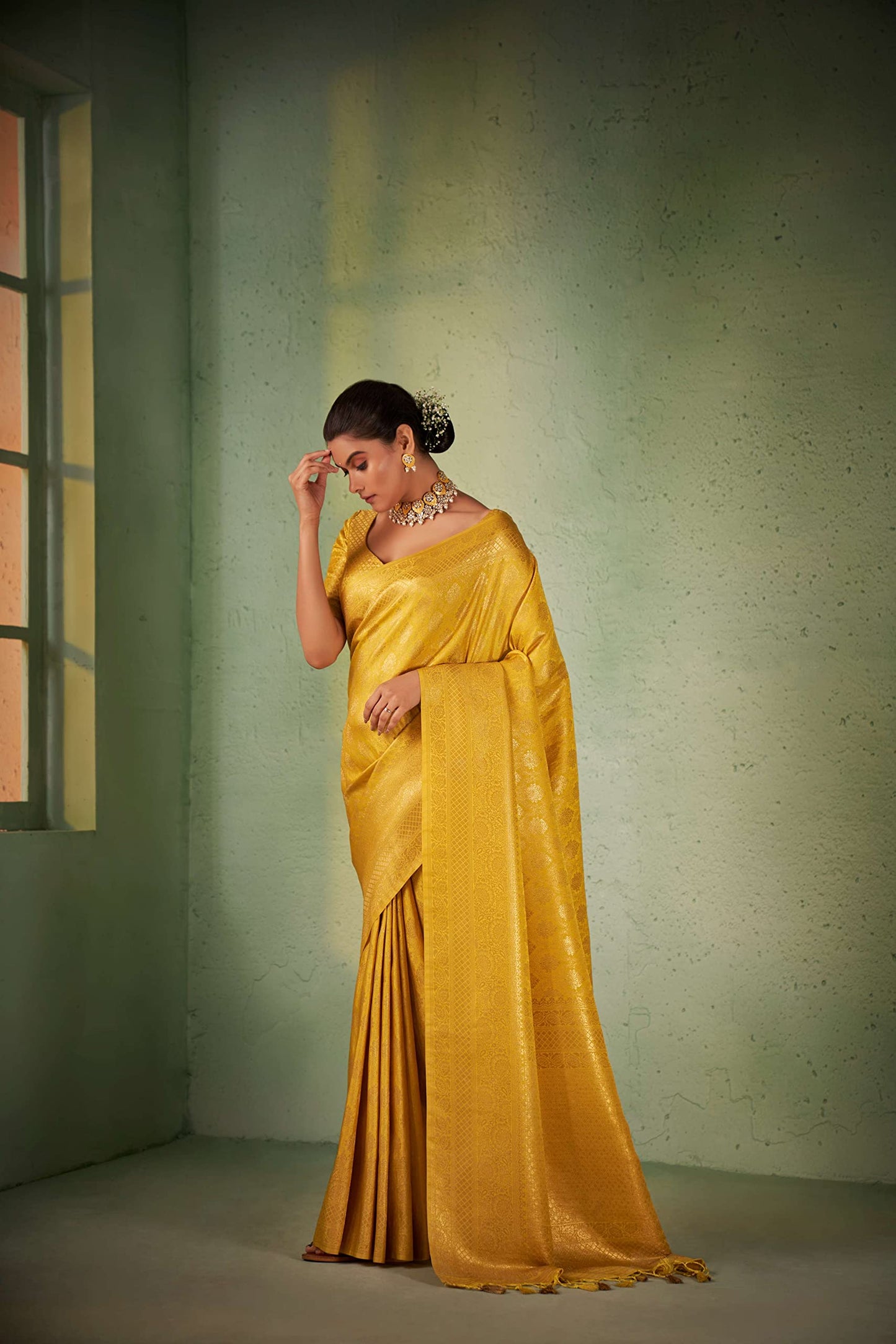 Vardha Women's Kanjivaram Art Silk Saree, Zari Woven, Gold, Unstitched Blouse - Yellow Sari Asya Vol.5, 565