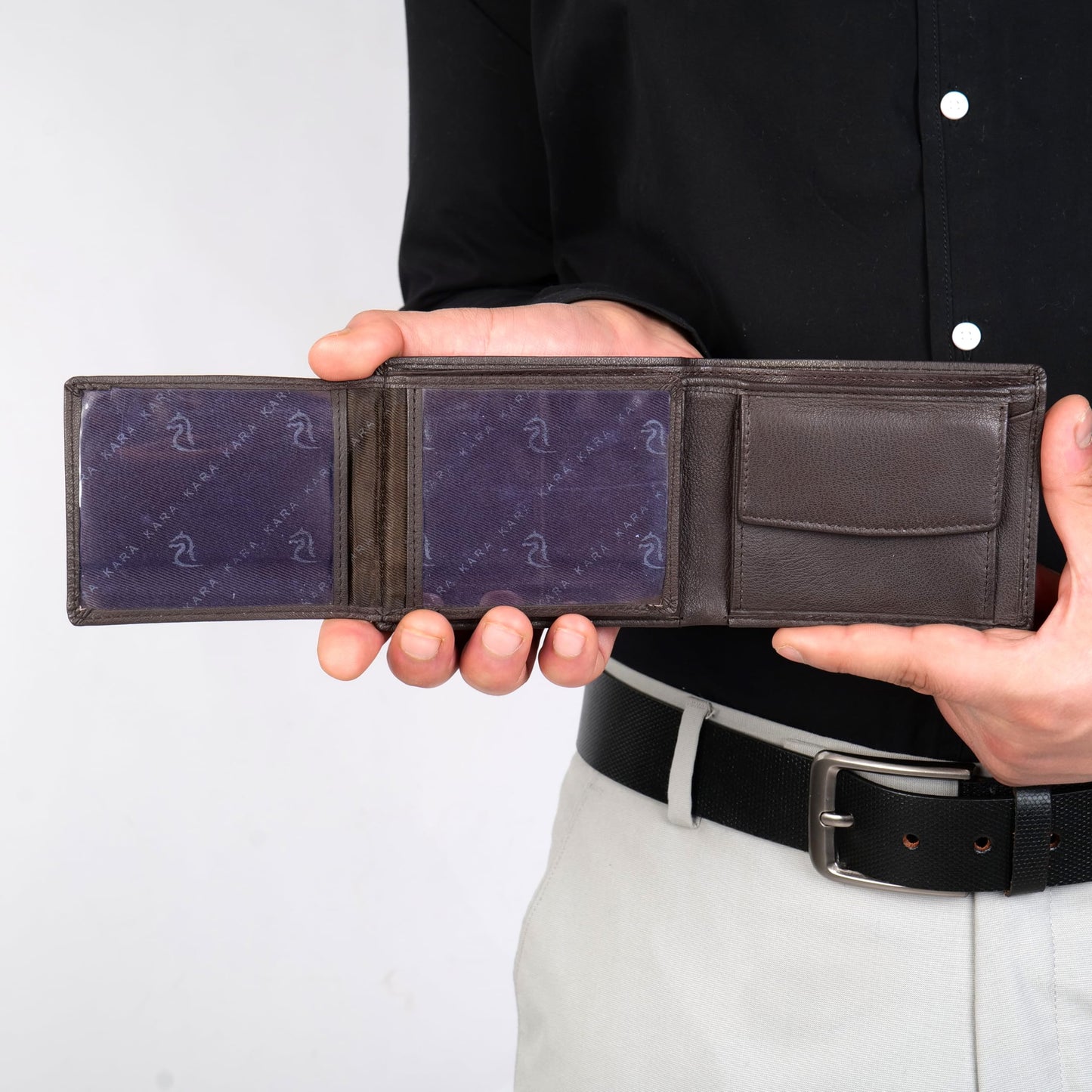 KARA Brown Men's Genuine Leather Wallet – Bifold, 2 Cash Compartments, Coin Pocket, 10+ Card Slots, Hidden & Transparent Flip Sections