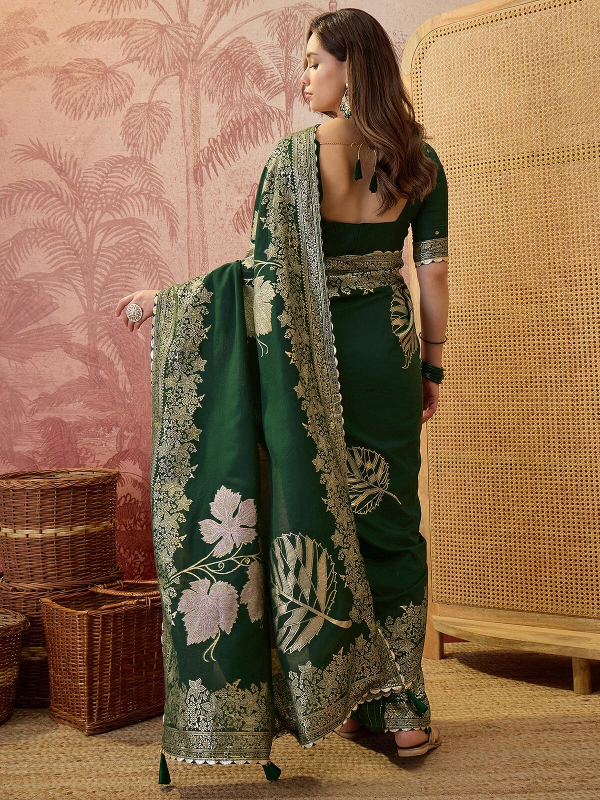 SIRIL Women's Silk Zari Jacquard Saree with Unstitched Blouse Piece (5314S102_Dark Green)