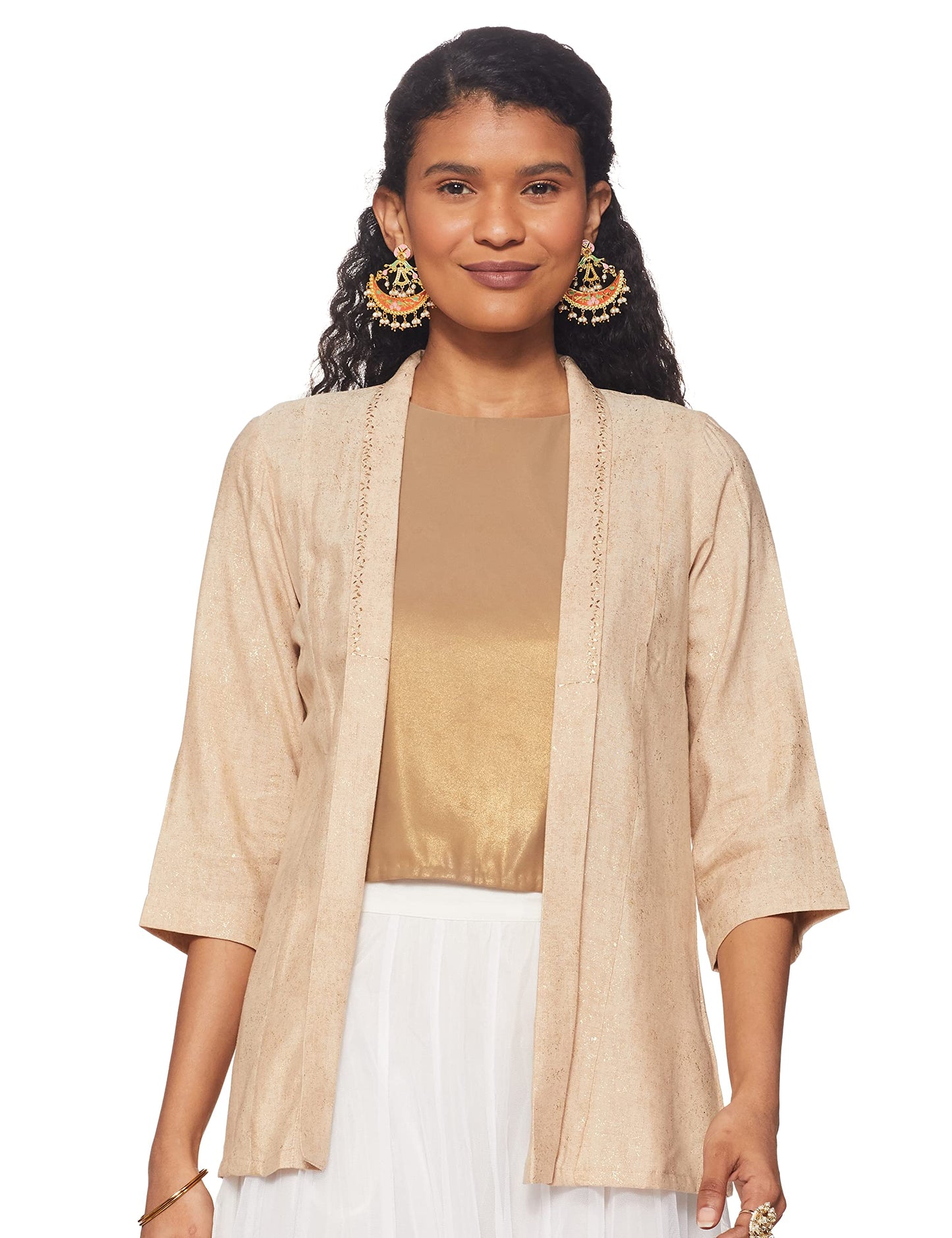 W for Woman Women's Rayon Almond Beige Printed Shrug (22FEW20158-116738 M)