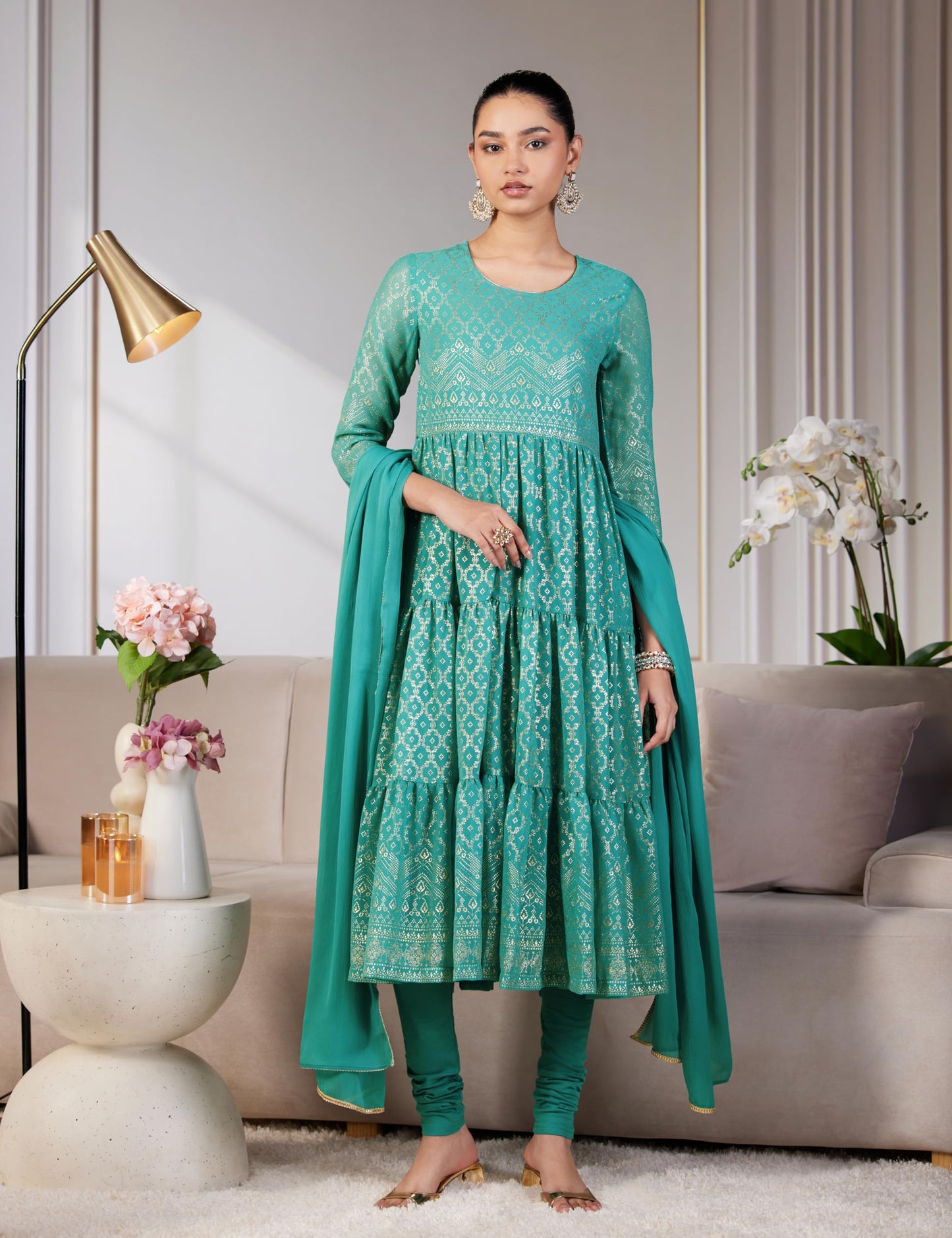 BIBA Cotton Blend Women Printed Anarkali Regular Fit Salwar Kurta Dupatta(Skdgold Mur9143_Sea Green_38)