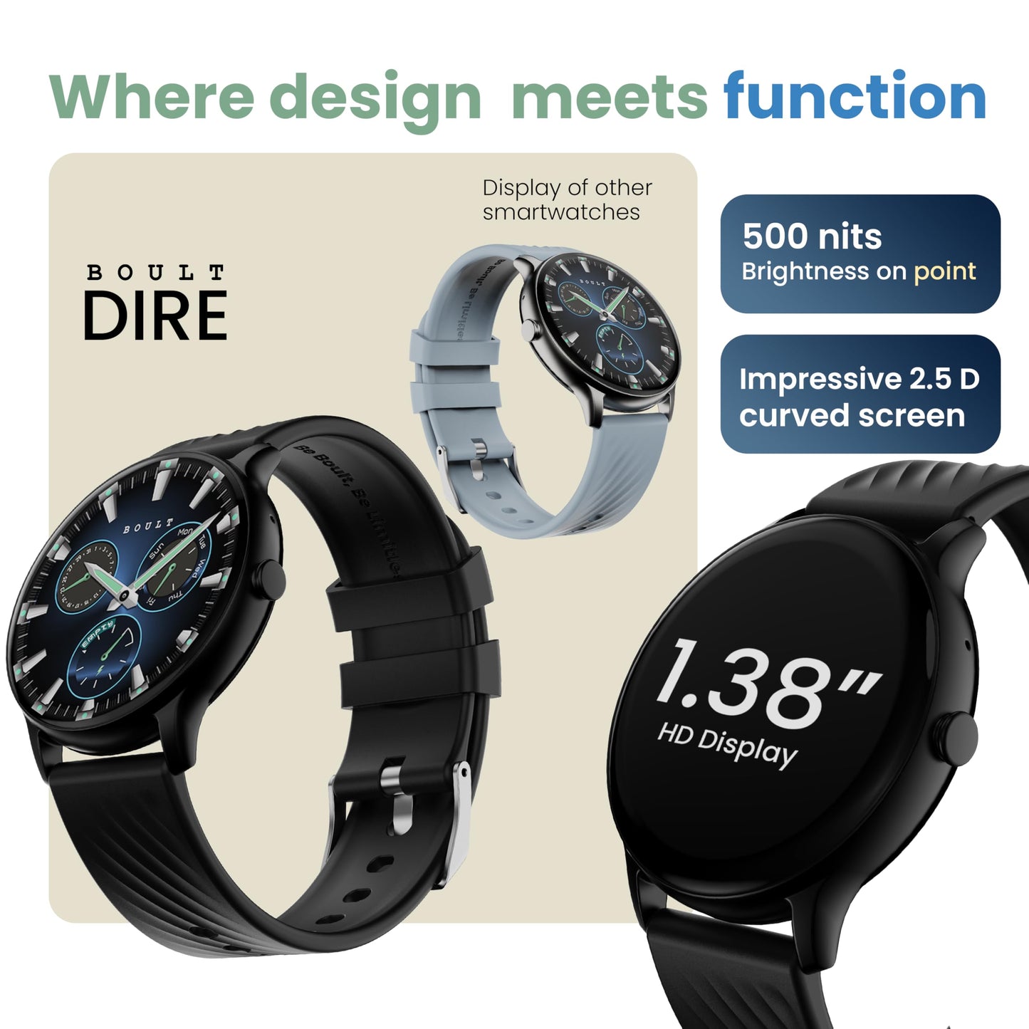 Boult Dire Smart Watch with 1.38'' 2.5D Curved HD Display, BT Calling, IP67, 500 Nits Brightness,250+ Watchfaces, 120+ Sports Mode, AI Voice Assistant, SpO2 Monitoring (Black Strap)