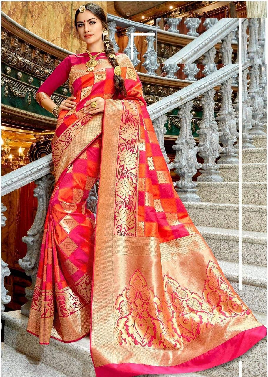 SGF11 Women's Kanjivaram Soft Silk Saree With Blouse Piece (Orange, Pink, Golden)