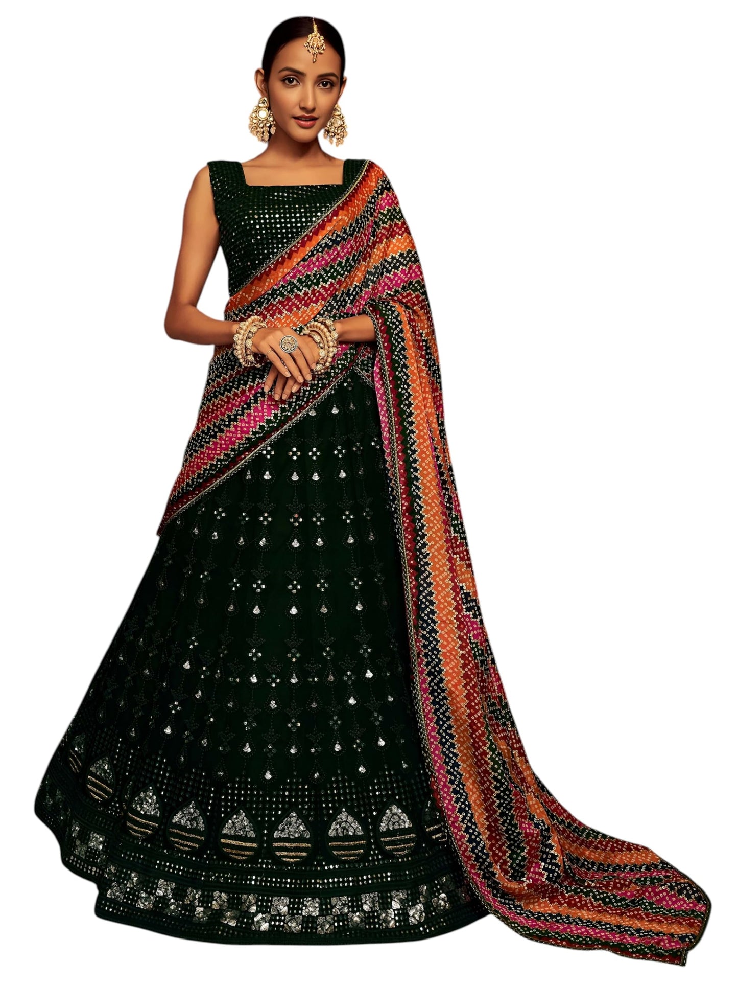 Zeel Clothing Women's Sequins Thread Embroidered Georgette Lehenga Choli With Dupatta (6003-Green-Women-Lehenga-Choli-New; Free Size)(Green)