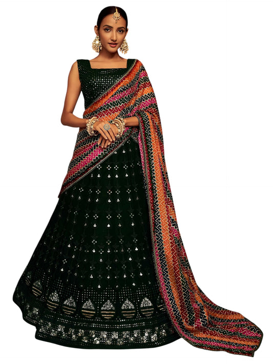 Zeel Clothing Women's Sequins Thread Embroidered Georgette Lehenga Choli With Dupatta (6003-Green-Women-Lehenga-Choli-New; Free Size)(Green)