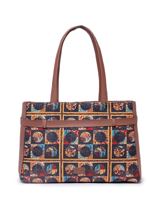 ZOUK African Art Abstract Printed Women's Jute Handcrafted Vegan Leather Multicolor Statement Office Shoulder Bag