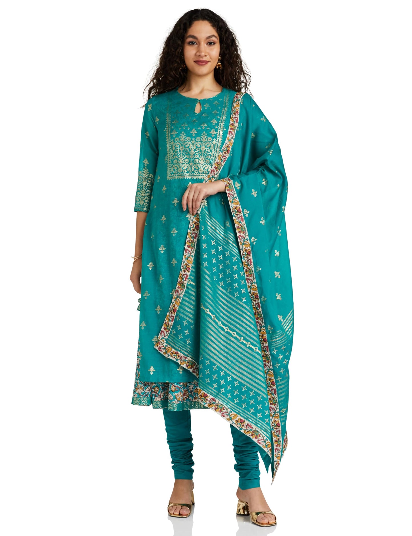 BIBA Women Polyester Blend Printed Layered Salwar Kurta Dupatta(Skdassorted7567E_Turquoise_38)