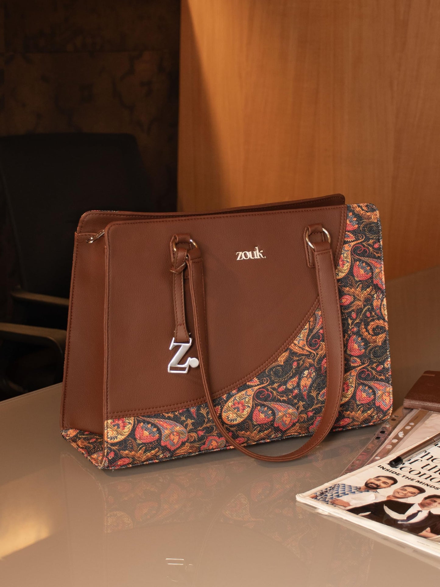 ZOUK Paisley Print Office Essential Bag | Jute | Vegan Leather Handcrafted Tote Bag With Double Handle Shoulder Strap| Pink