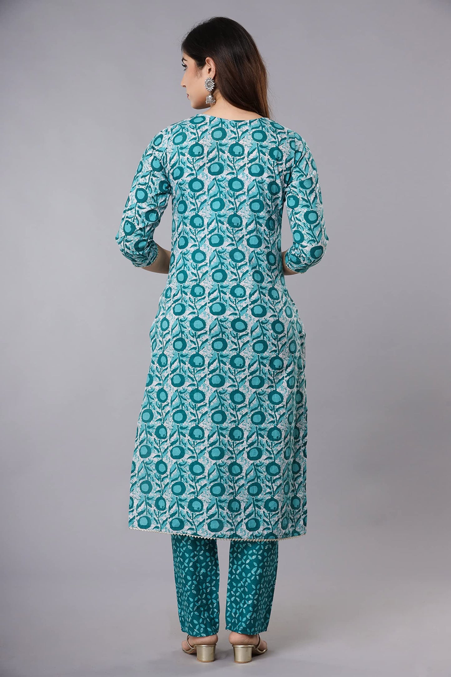 Vnyashri Cotton kurta set with dupatta for women (IN, Alpha, S, Regular, TEAL GREEN)