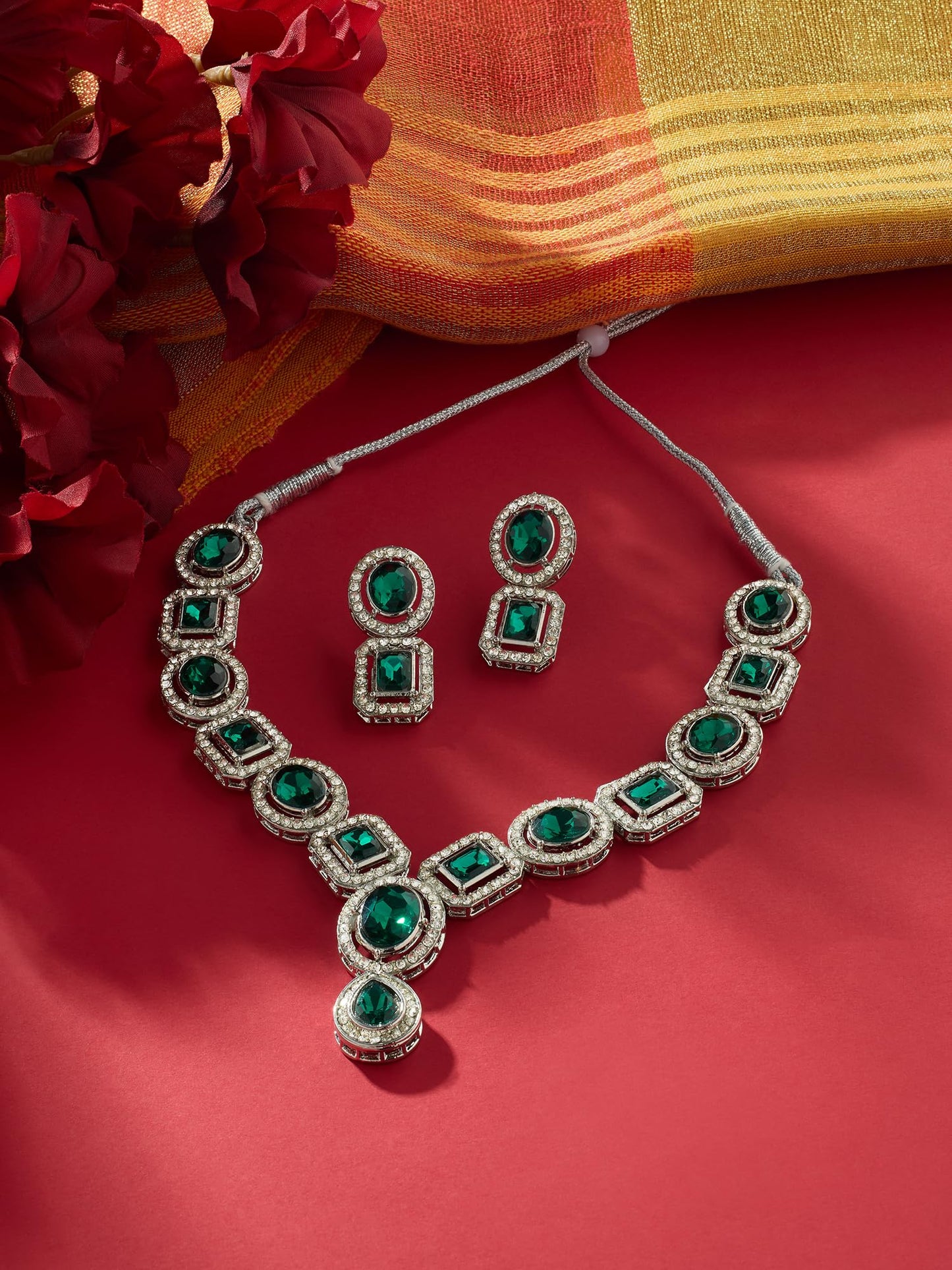 ZAVERI PEARLS Green Stones & Dazzling Austrian Diamonds Embellished Necklace & Earring Set For Women-ZPFK17196