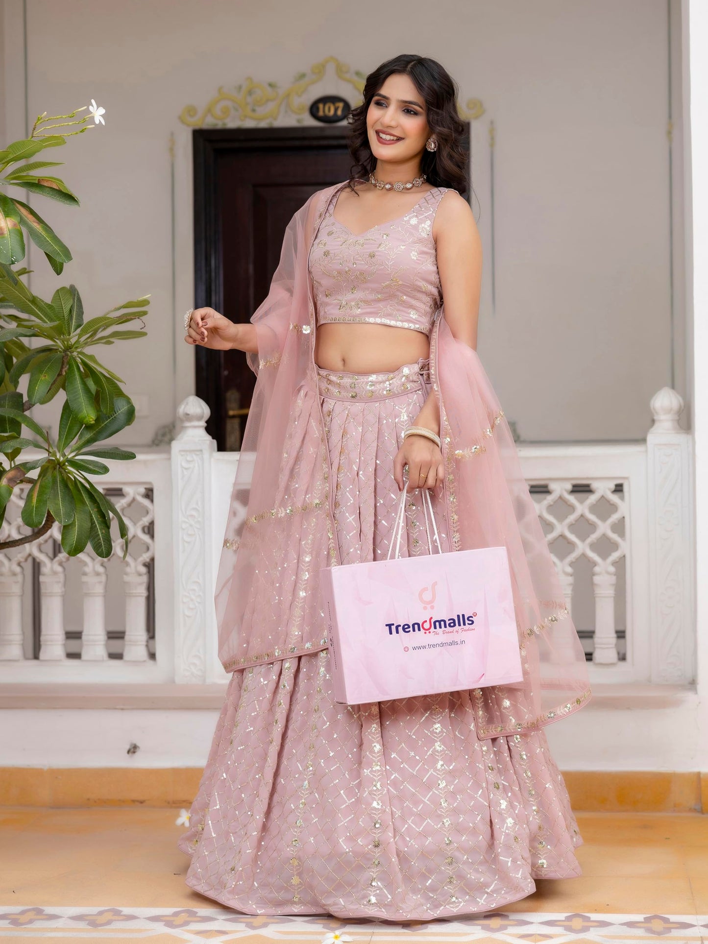 TRENDMALLS Women's Georgette Sequin Embroidery Work Lehenga Choli with Dupatta For Women (L300-LightPink-Semi-Stitch)