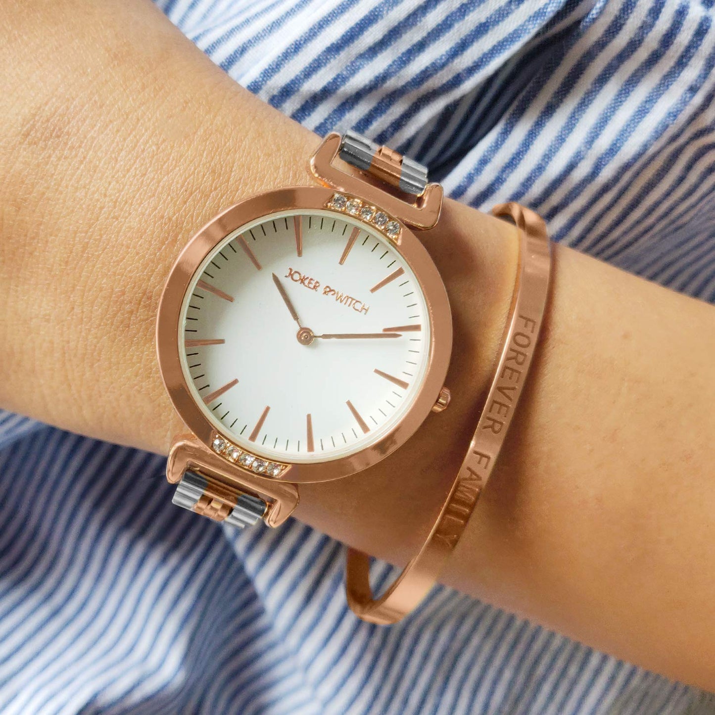Joker & Witch Stainless Steel Elixir Rosegold Analog Watch Bracelet Set For Women, White Dial, Silver Band