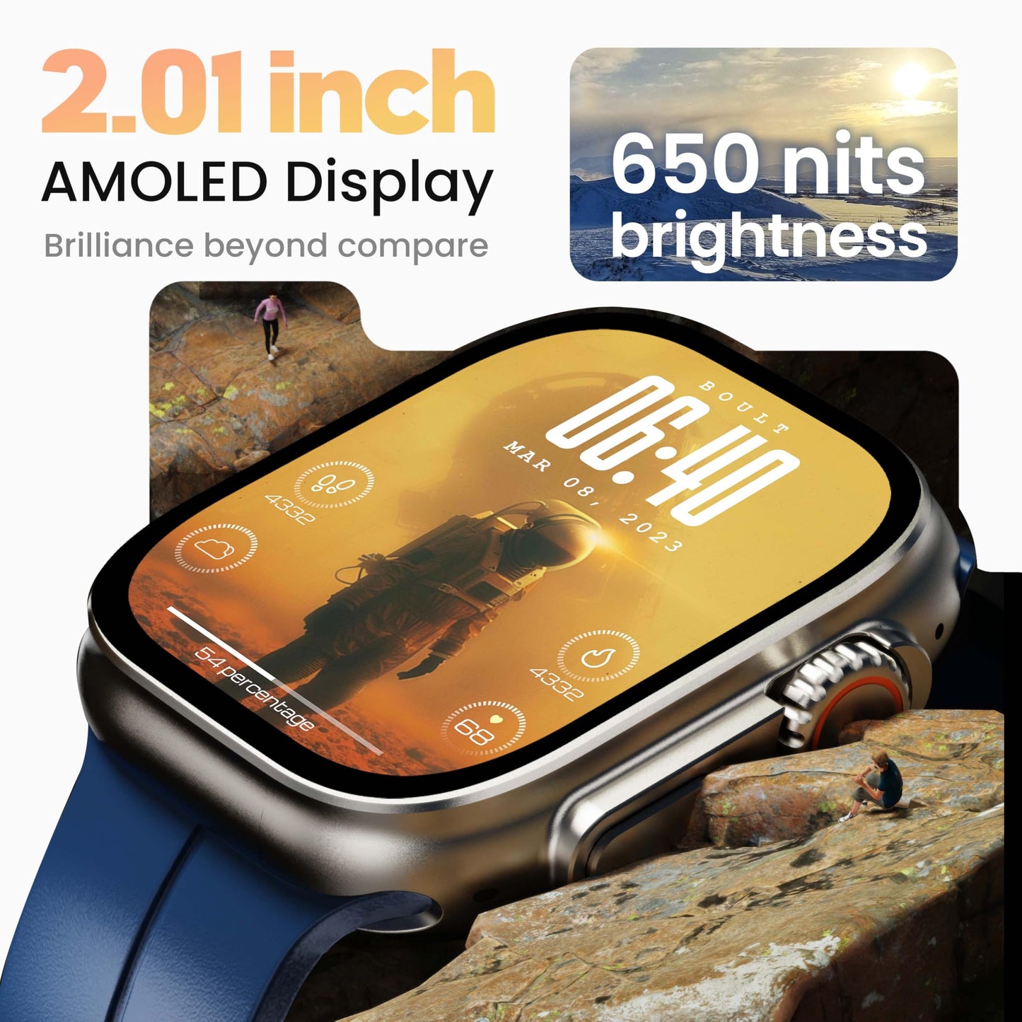 GOBOULT Newly Launched Crown Pro Smart Watch 2.01'' AMOLED, BT Calling, Working Crown, Zinc Alloy Frame, AI Voice Assistant, SpO2 Monitoring, 120+ Sports Mode (Blue)