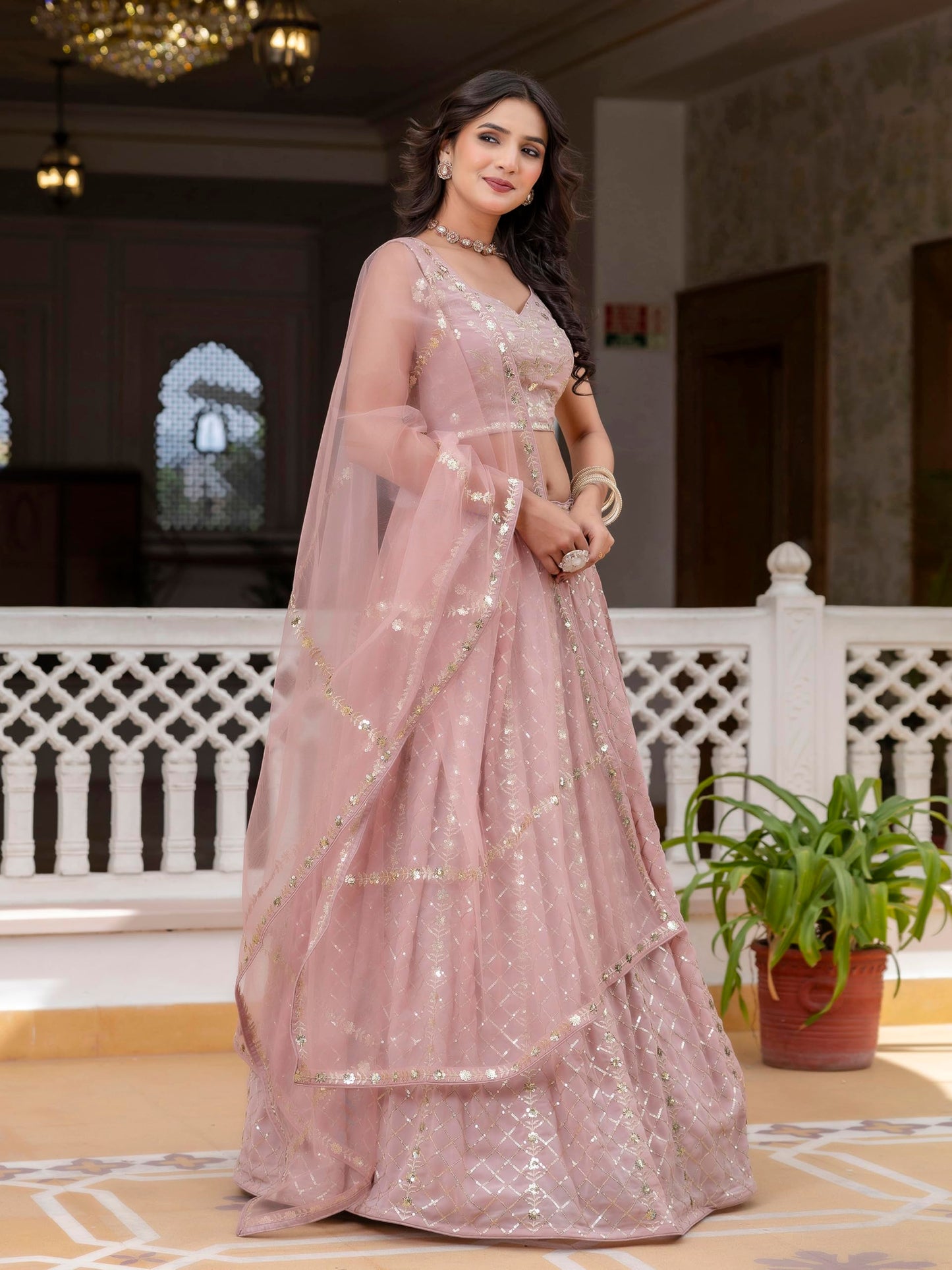 TRENDMALLS Women's Georgette Sequin Embroidery Work Lehenga Choli with Dupatta For Women (L300-LightPink-Semi-Stitch)