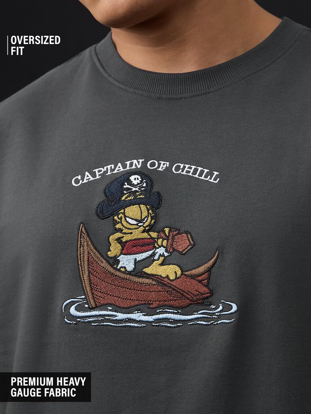 The Souled Store Garfield: Captain of Chill Men and Boys Short Sleeves Round Neck Charcoal Grey Embroidered Pirate Graphic Casual Lightweight Easy to Style Casual Cotton Oversized T-Shirt